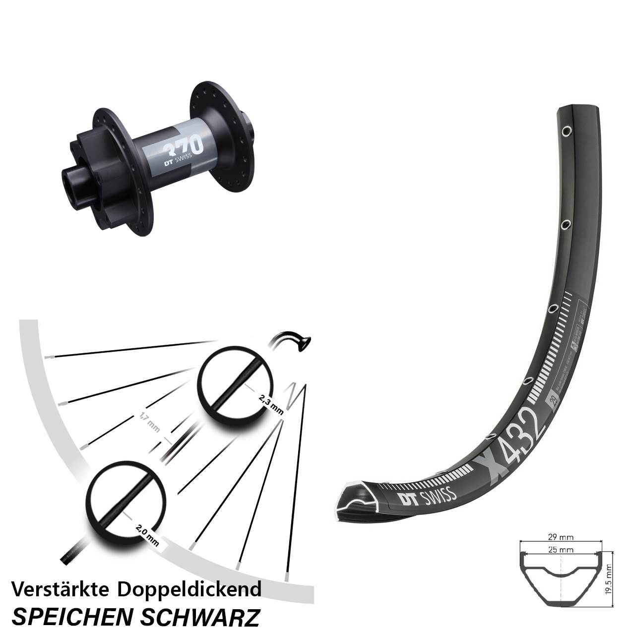 29 Zoll DT Swiss X432-370 Vorderrad 6-Loch 15x100