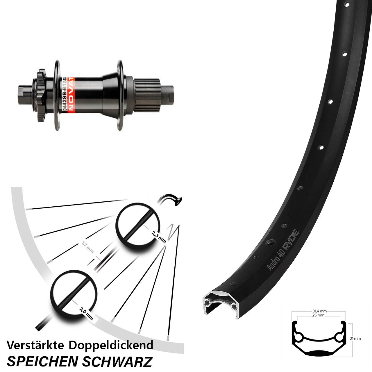 Hinterrad 12x148 26 Zoll Ryde Andra 40 Disc Novatec D442 Shimano Micro Spline