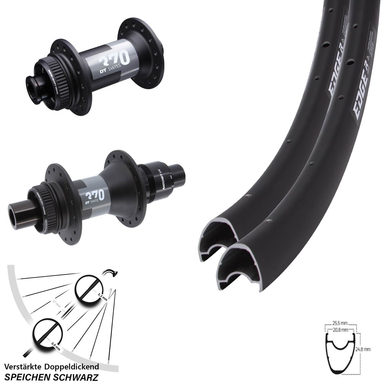 28 Zoll Ryde Edge R25 OS DT Swiss 370 Disc Laufrad-Satz 12x100/142 XDR