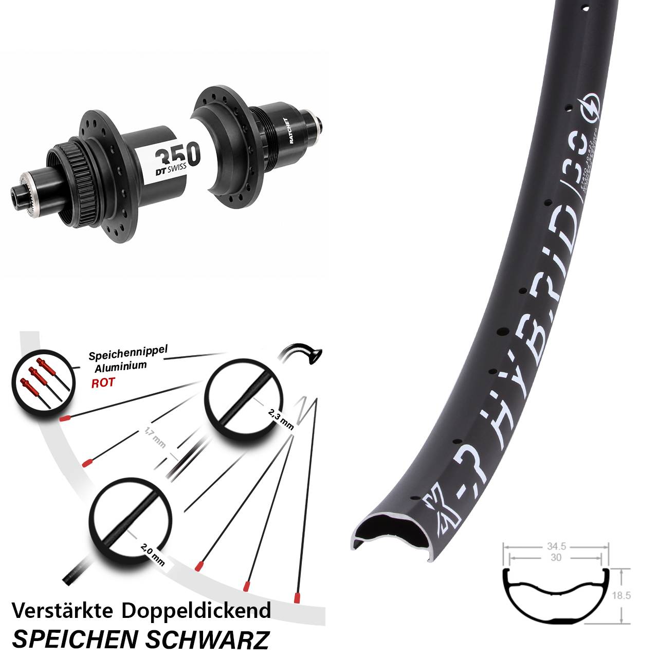 Centerlock Hinterrad für Schnellspanner 29 Zoll KX-R Hybrid 30 DT Swiss 350 XD 11-12 fach