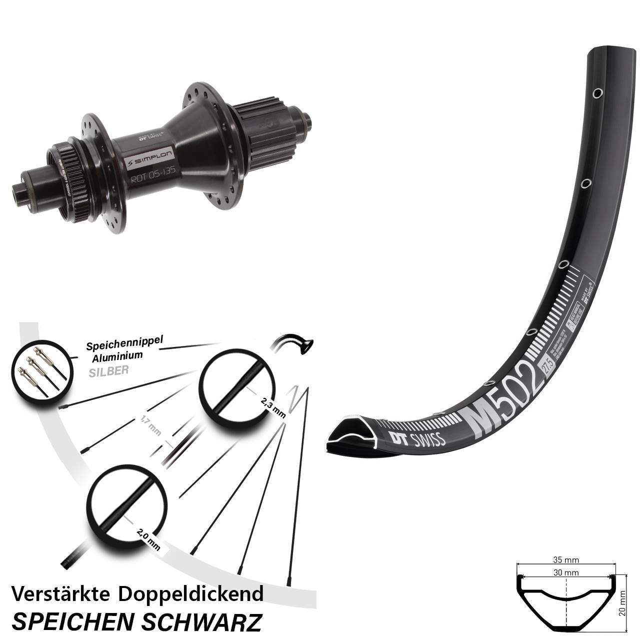 DT Swiss M502-370 Hybrid 27,5 Zoll Disc Hinterrad für Schnellspanner Micro Spline