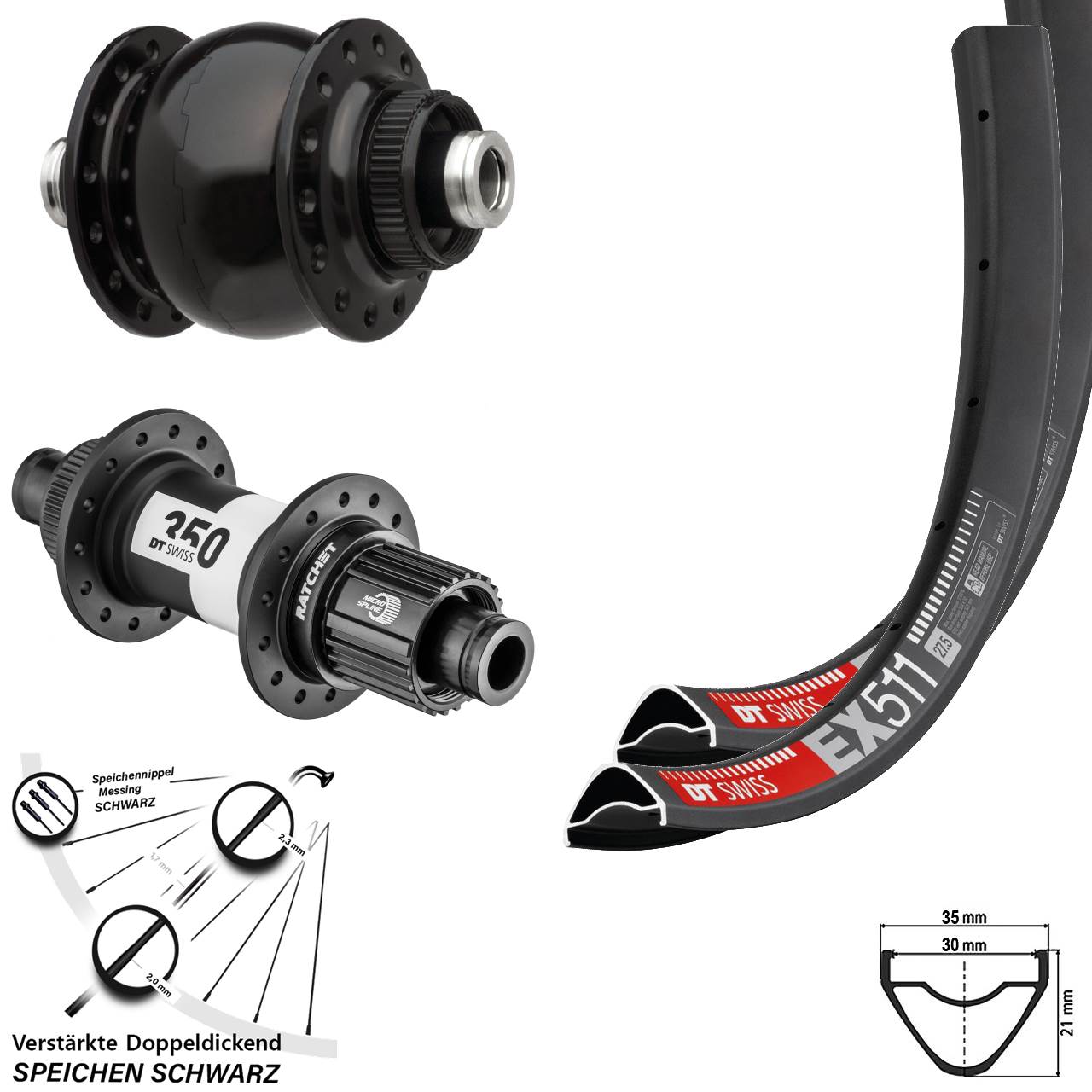 27,5 Zoll DT Swiss EX511 SON 28 350 Micro Spline Centerlock Laufradsatz 12x100/142