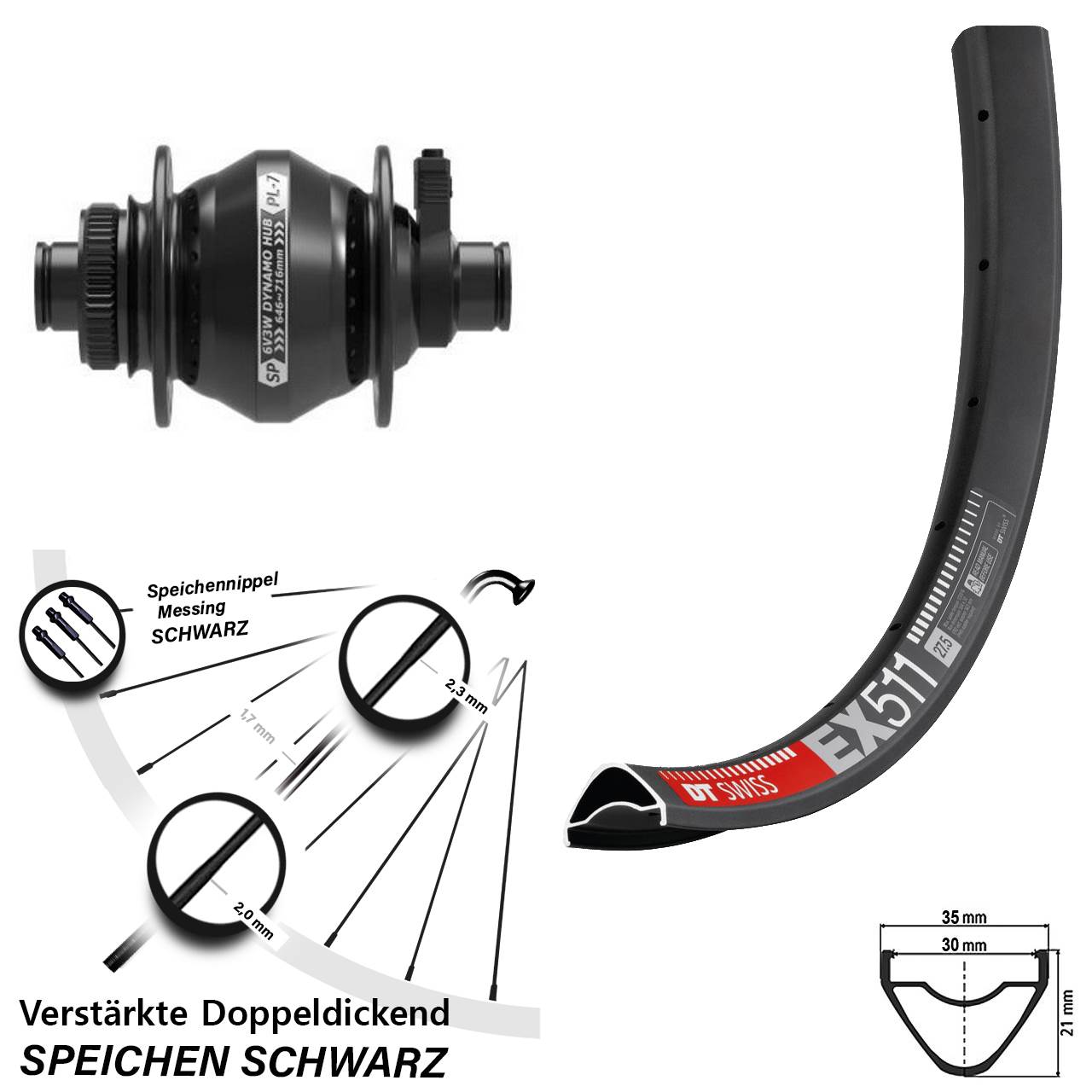 DT Swiss EX 511 Shutter Precision PL-7 27,5 Zoll Nabendynamovorderrad Centerlock 12x100