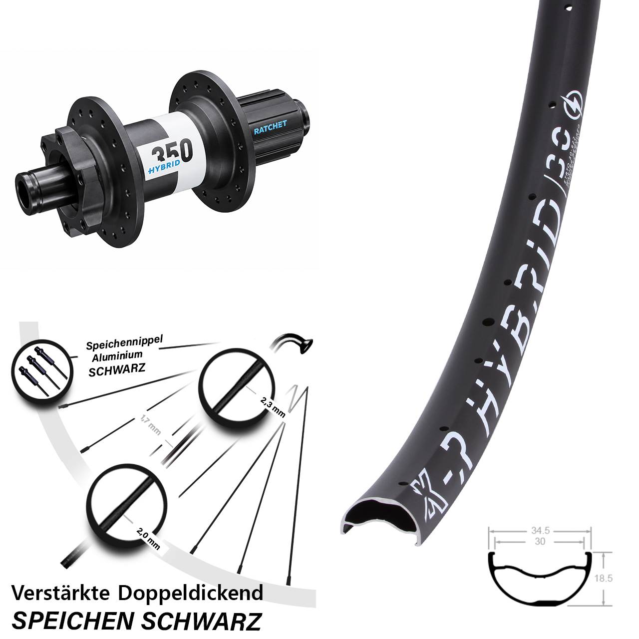 E-Bike Hinterrad KX-R Hybrid 30-622 DT Swiss 350 Boost 29 Zoll verstärkt Shimano 8-11 fach