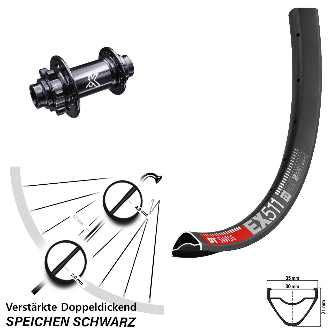 6-Loch Vorderrad 27,5 Zoll DT Swiss EX 511 KX-M Steckachse 20x110 (DH alt)