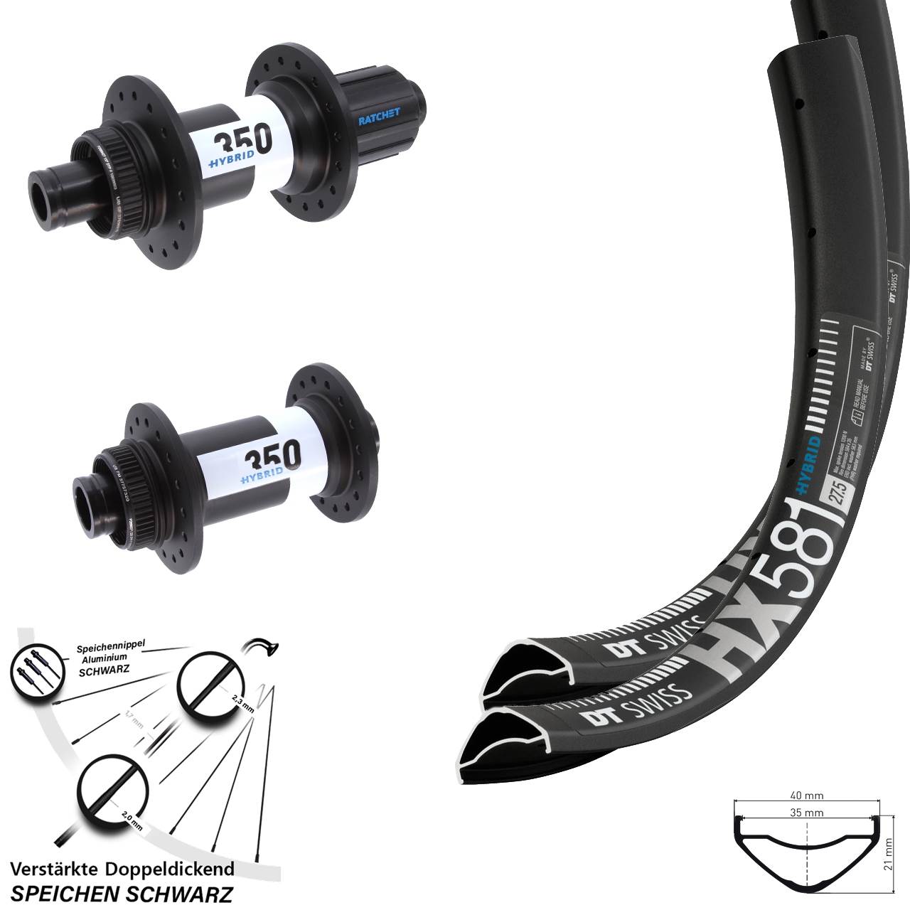 Laufrad-Satz 27,5 Zoll HX581 DT Swiss Hybrid 350 8-11 fach HG 15x110 12x148 Boost