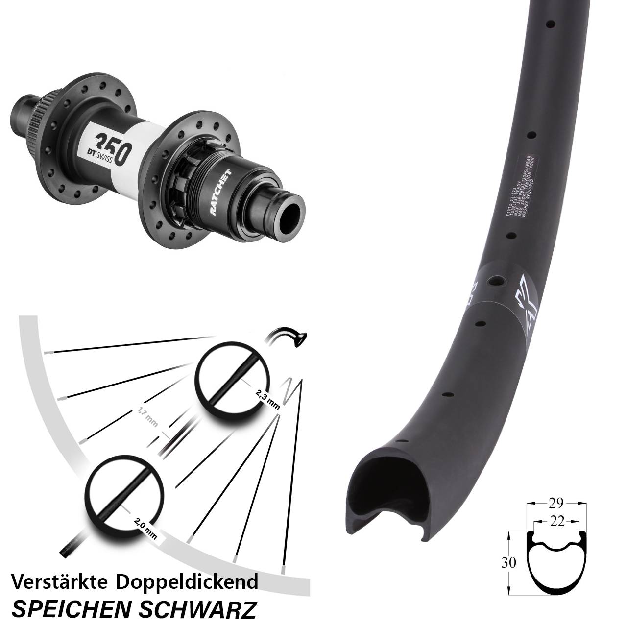 Disc Hinterrad 12x142 29 Zoll KX-RC Gravel Carbon DT Swiss 350 Ratchet 36 XDR 11-12 fach