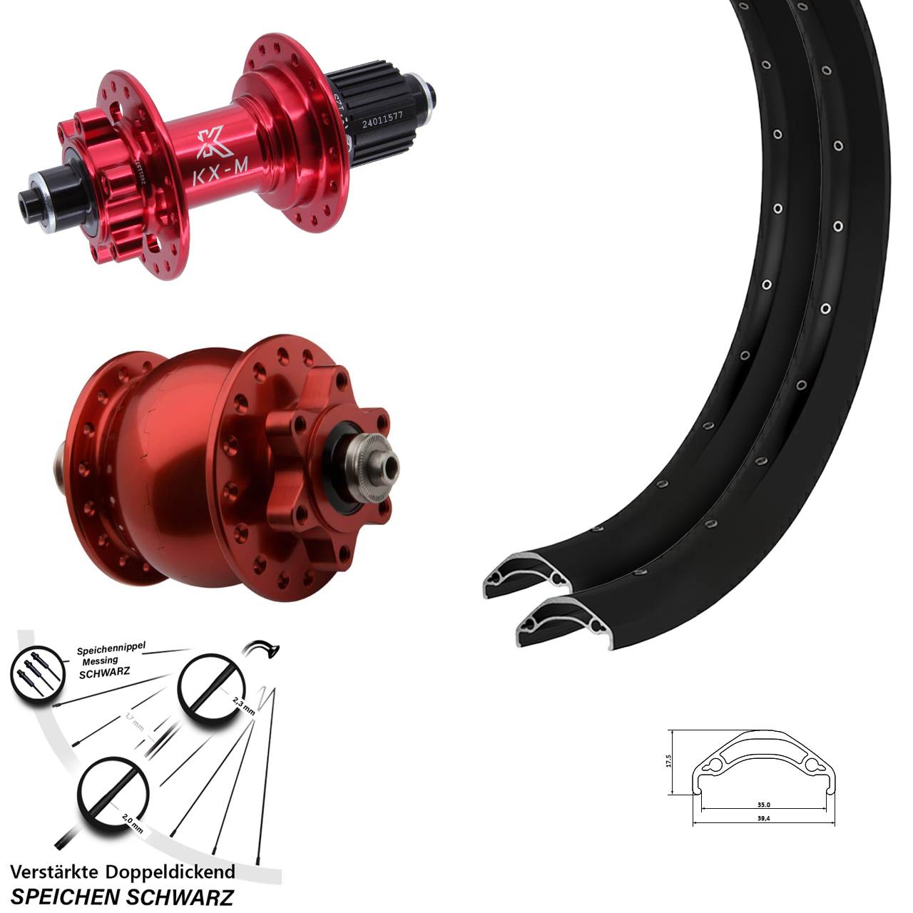 Laufradsatz QR 29 Zoll Ryde Disc 35 KX-M rot SON 28 Shimano Micro Spline