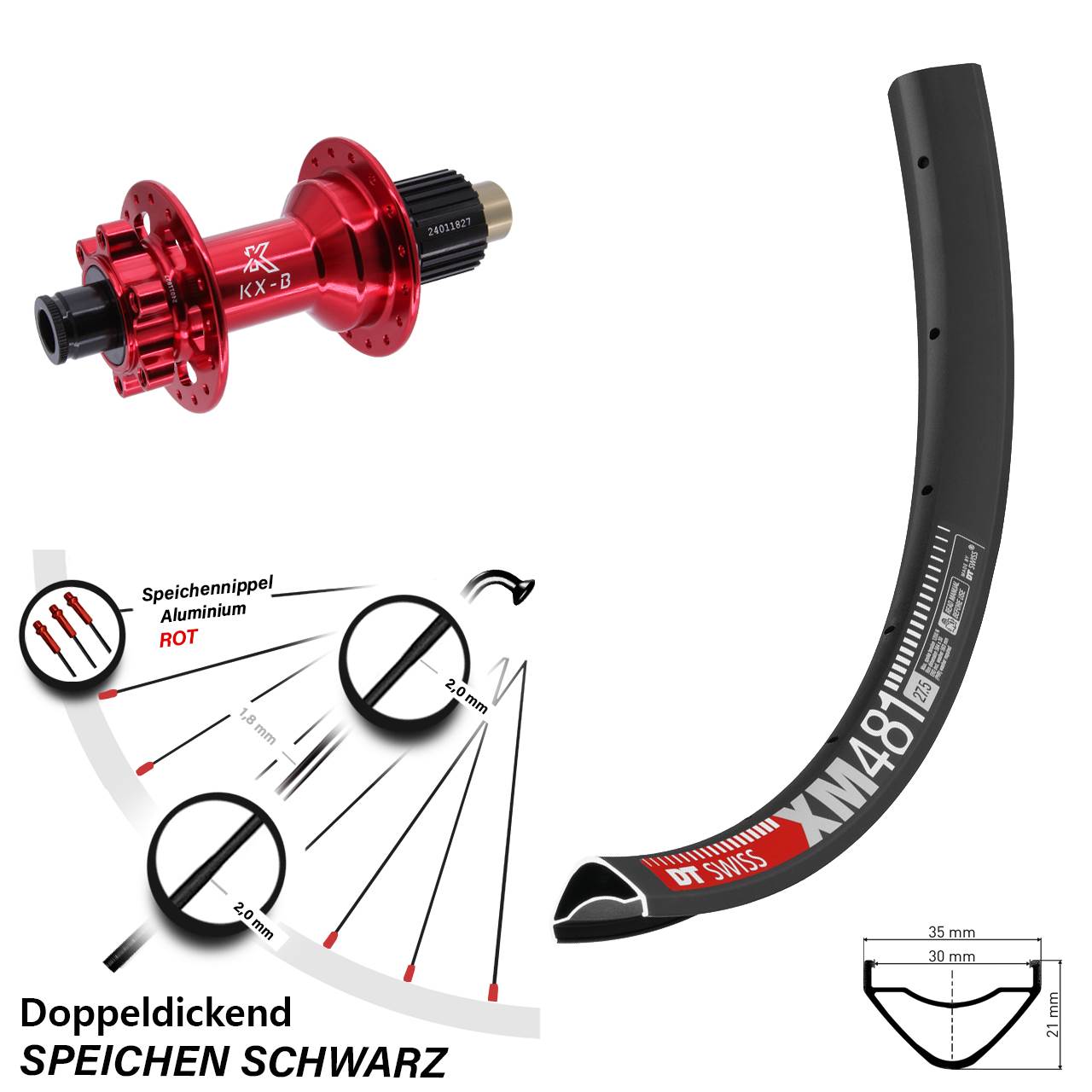 Hinterrad 27,5 Zoll DT Swiss XM 481 KX-B rot 6-Loch Micro Spline 12x148