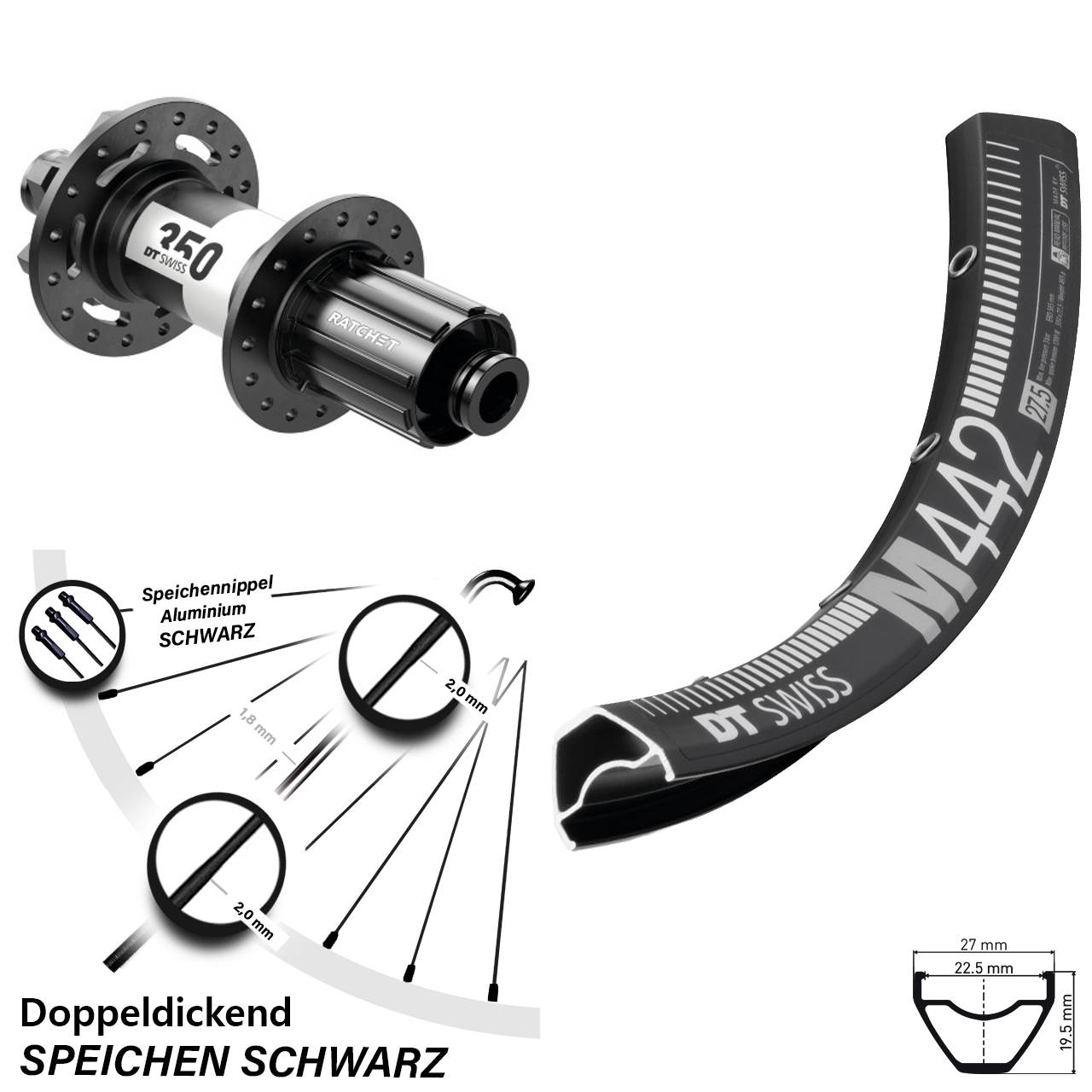 Hinterrad 29 Zoll M 442 DT Swiss 350 12x142 mm 6-Loch Steckachse 8-11 fach