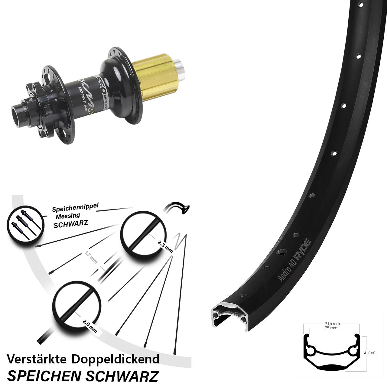 28-29 Zoll Ryde Andra 40 Miche XMH 550 6-Loch Hinterrad 12x148 8-11 fach HG