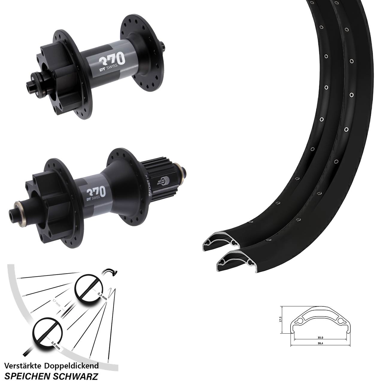 29 Zoll Ryde Disc 35 DT Swiss 370 Laufradsatz 6-Loch QR Micro Spline