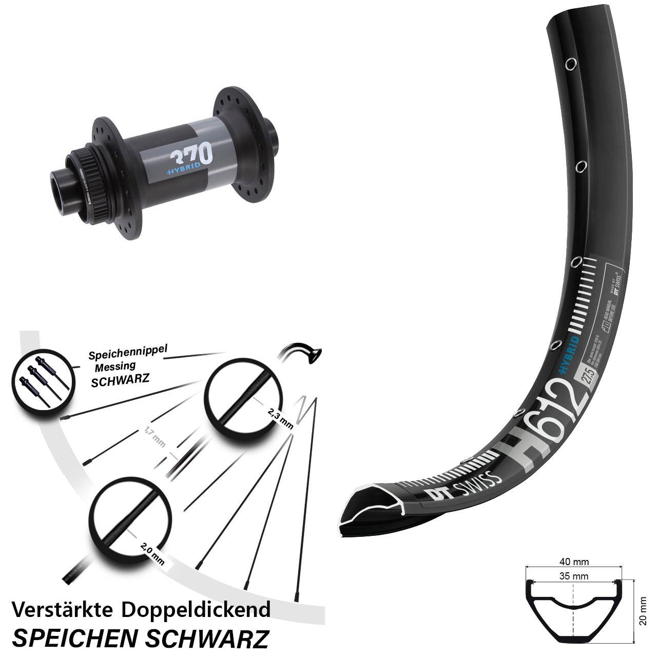 Centerlock Vorderrad 27,5 Zoll DT Swiss H 612 - 370 Hybrid 15x110 Boost