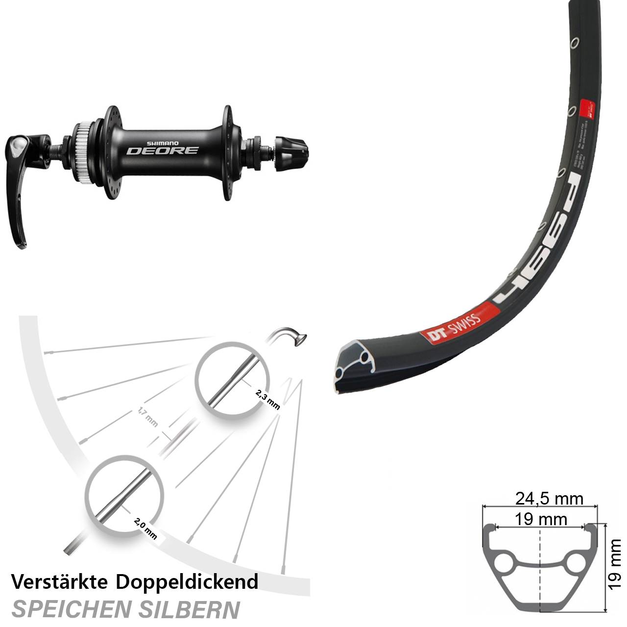 DT Swiss 466 Shimano Deore 28 Zoll Vorderrad Centerlock für Schnellspanner