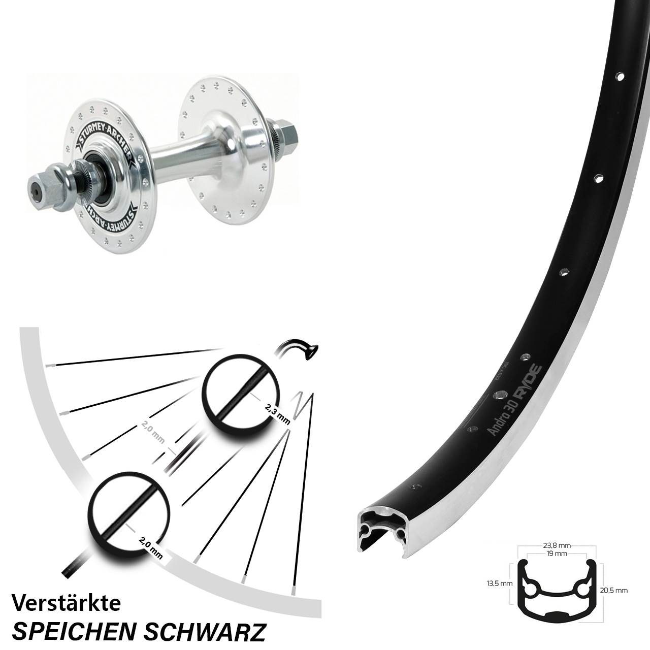 Ryde Andra 30 Sturmey Archer HBT30-F 28 Zoll Vorderrad Vollachse