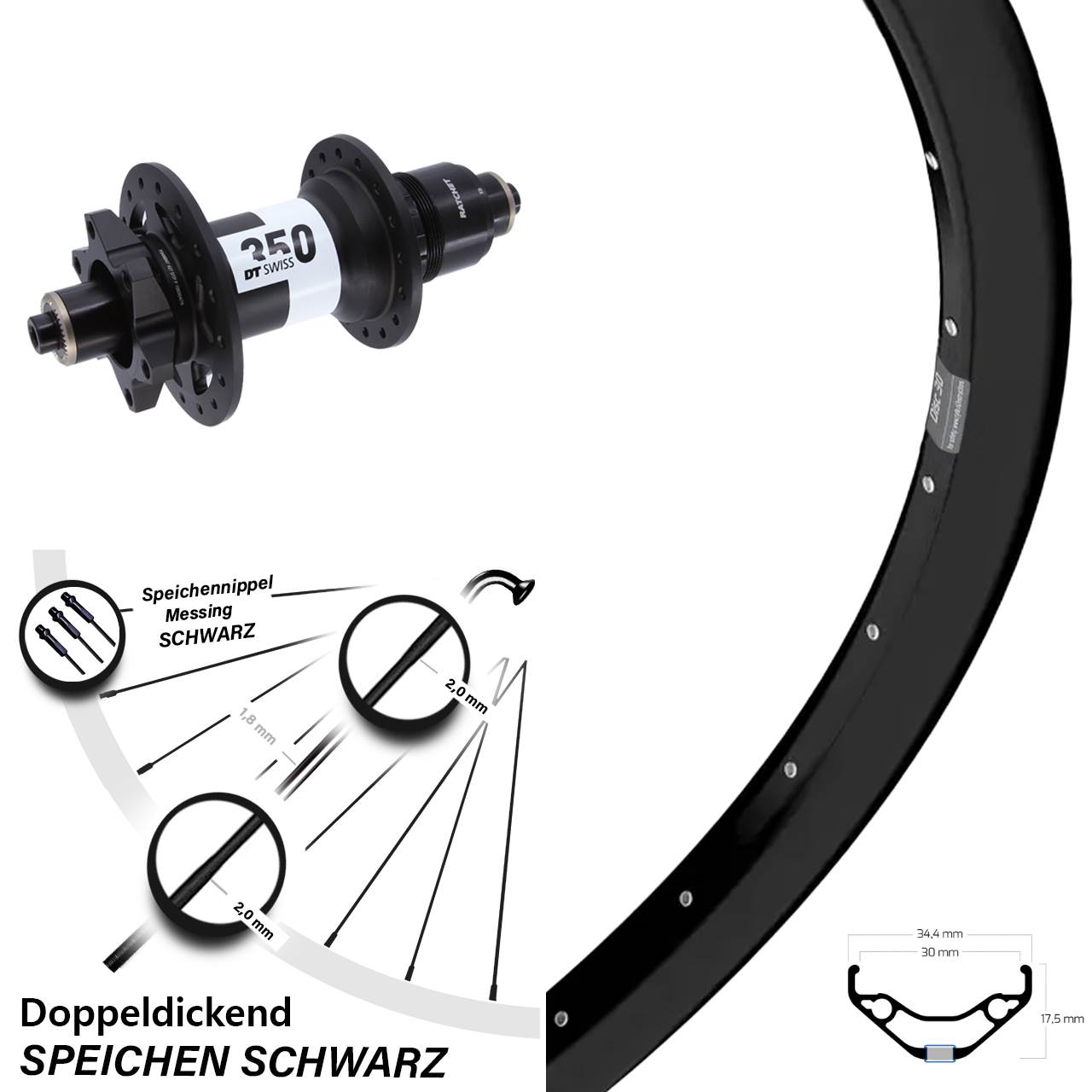 6-Loch Hinterrad 29 Zoll Ryde Disc 30 DT Swiss 350 SRAM XD für Schnellspanner