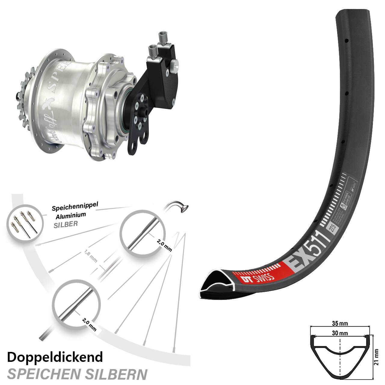 DT Swiss EX 511 Rohloff 500/14 CC DB Tandem 27,5 Zoll Disc Hinterrrad