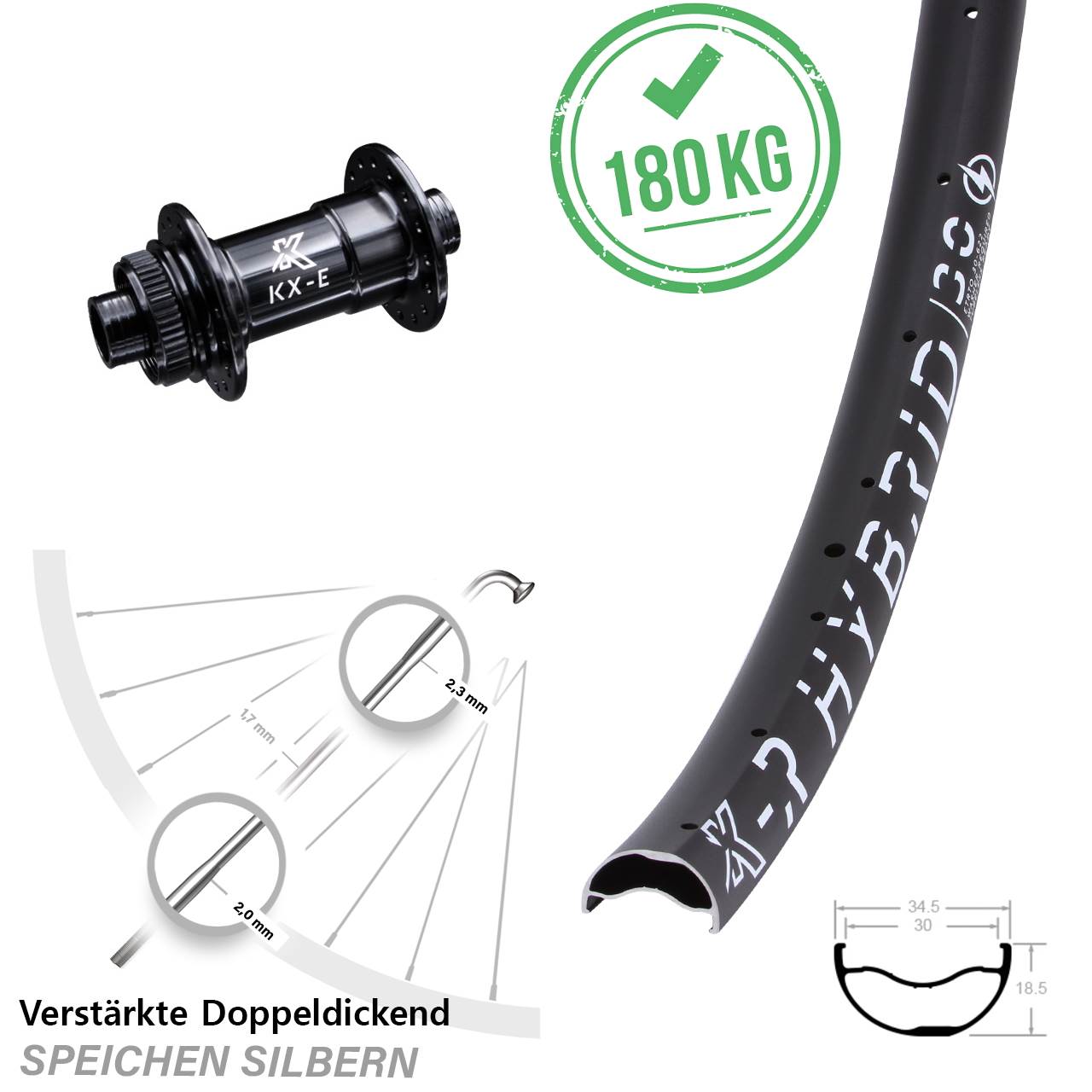 29 Zoll Vorderrad KX-ER Hybrid 30 verstärkt Centerlock E-Bike