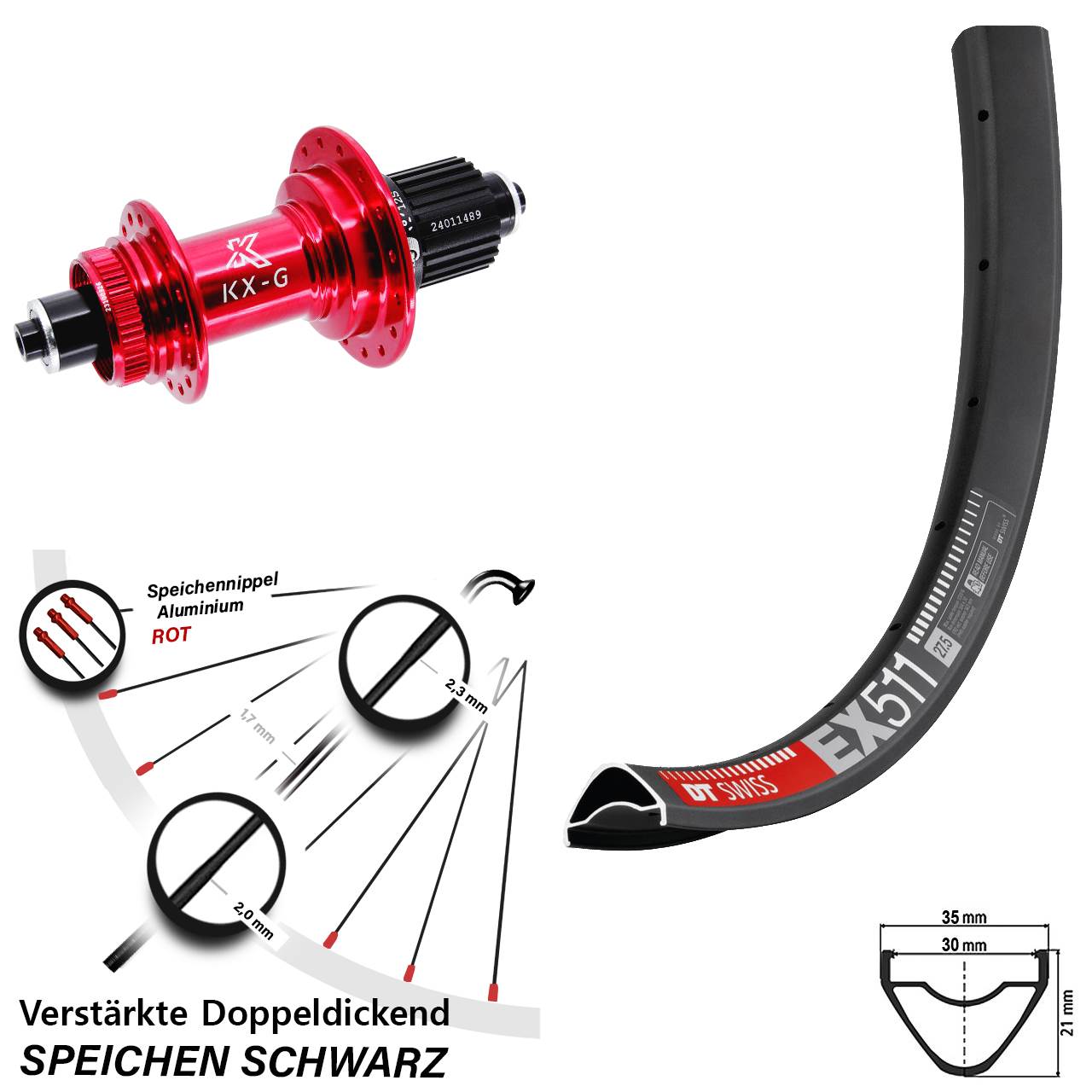 DT Swiss EX 511 KX-G rot 29 Zoll Centerlock Hinterrad QR Micro Spline