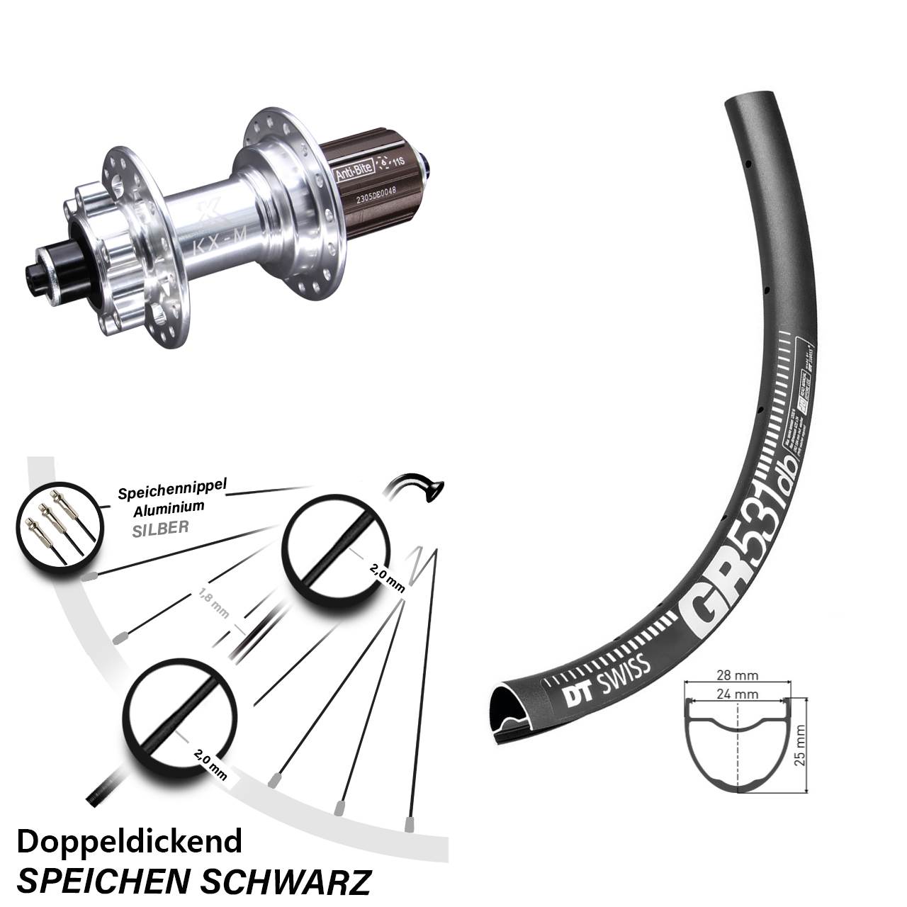 27,5 Zoll DT Swiss GR 531 KX-M 6-Loch Hinterrad QR 8-12 fach