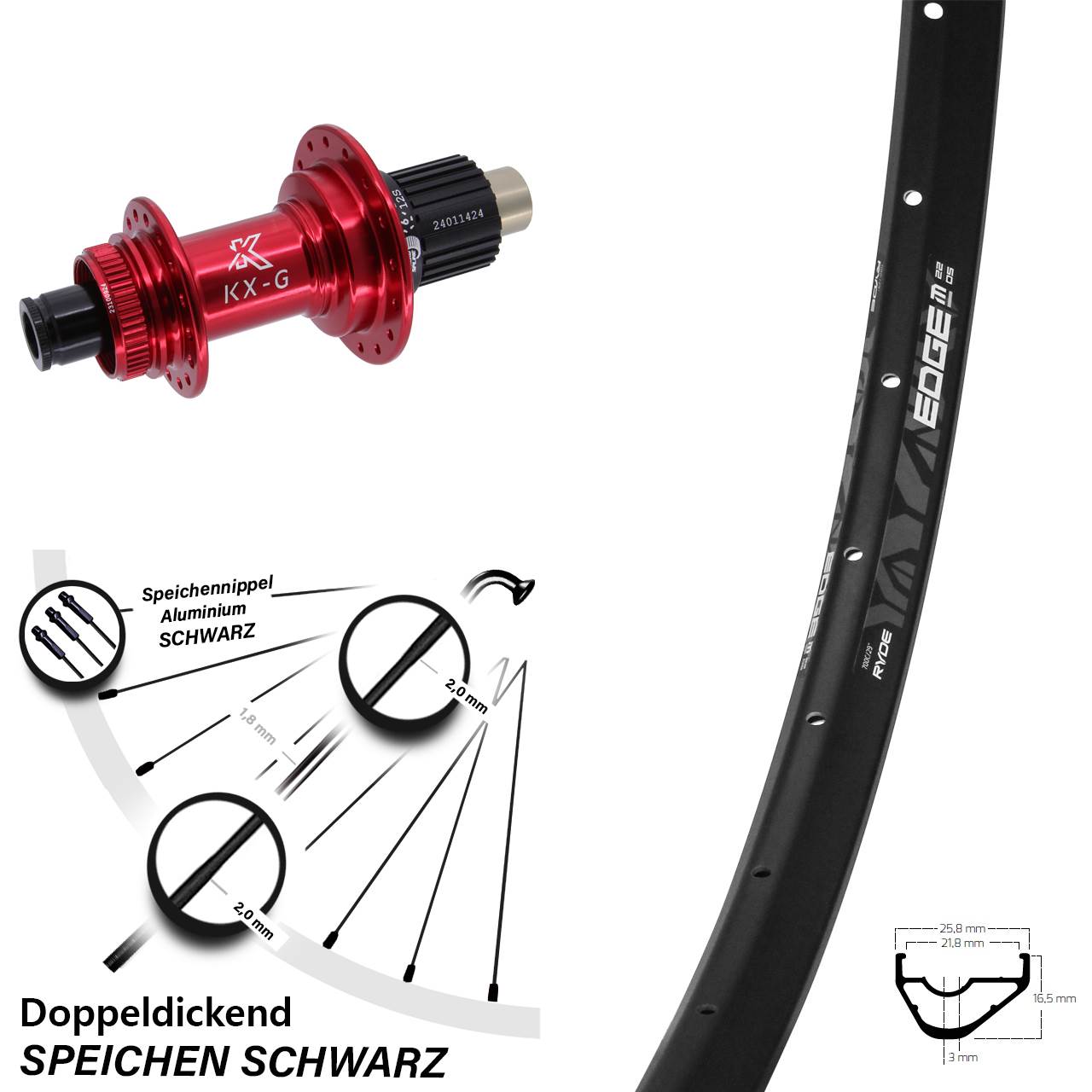 Hinterrad 28 Zoll Ryde Edge M22 KX-G rot Micro Spline 12x142