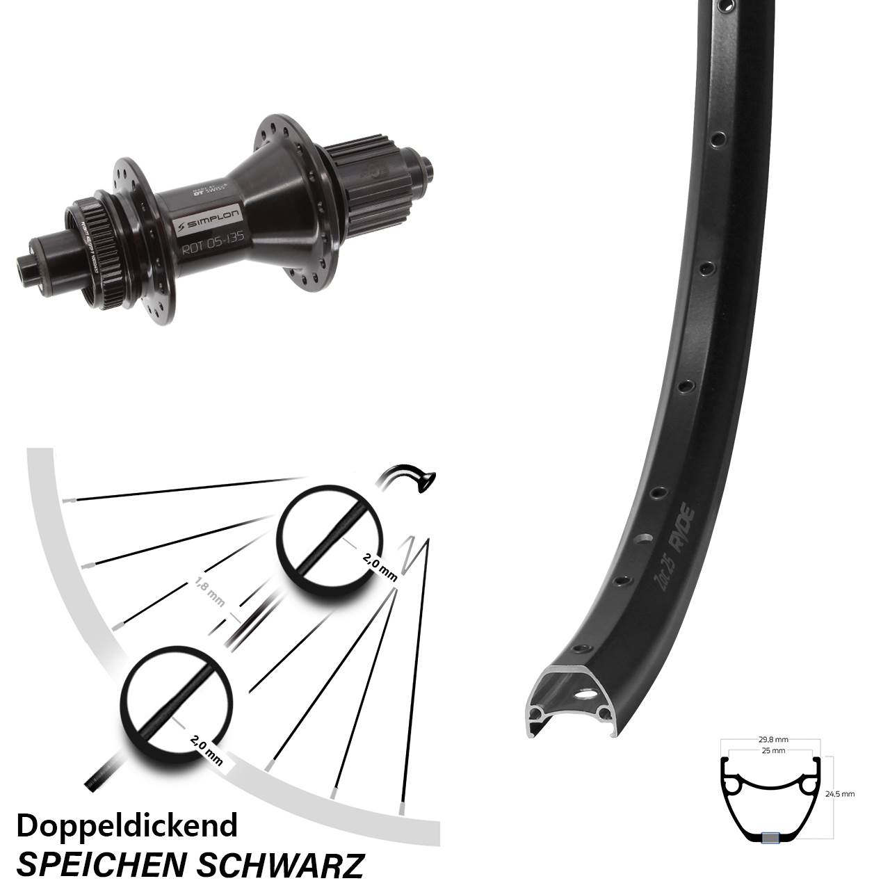 Laufrad 28-29 Zoll Ryde ZAC 25 DT Swiss 370 Hybrid 5x135 Centerlock Micro Spline