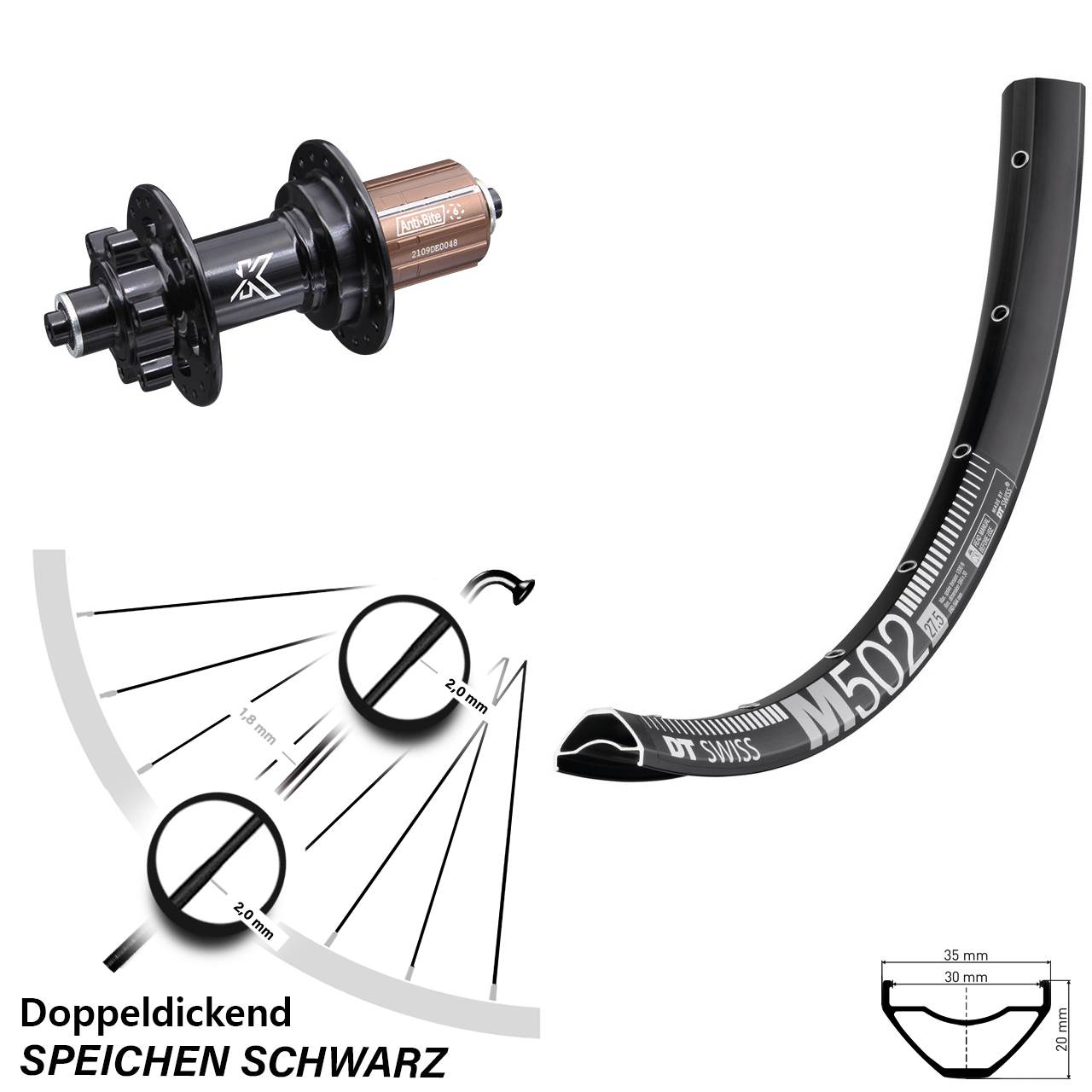 DT Swiss M502 KX-M 27,5 Zoll 6-Loch Hinterrad für Schnellspanner 8-12 fach