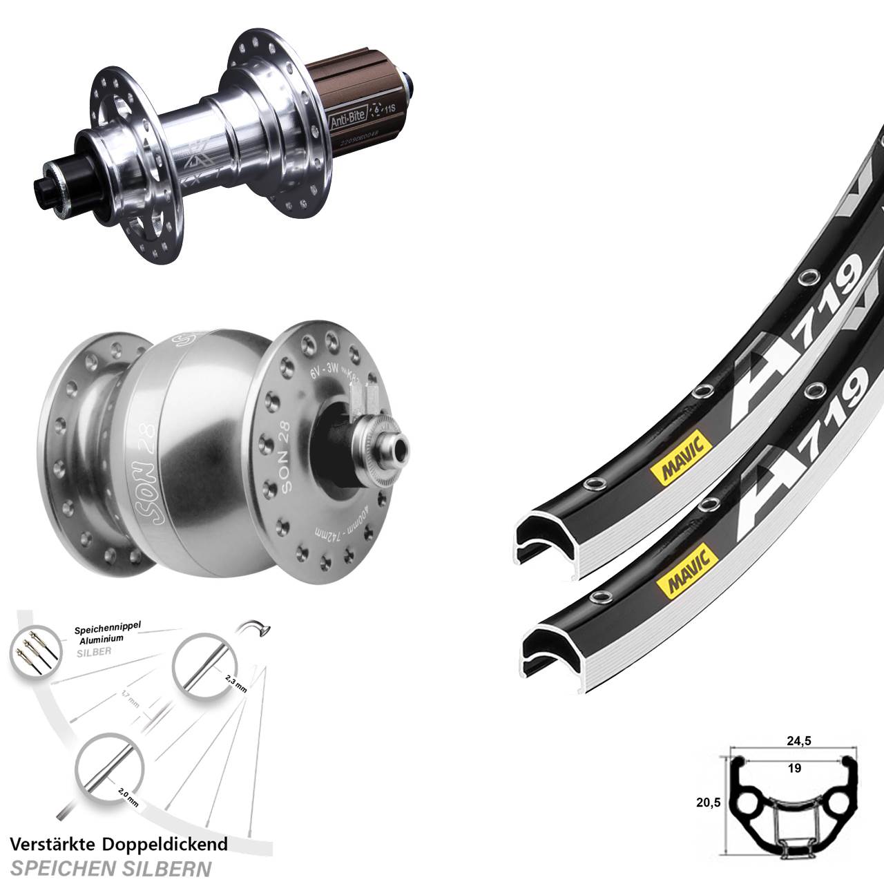 28 Zoll Mavic A 719 KX-T SON 28 Laufradsatz QR 8-12 fach