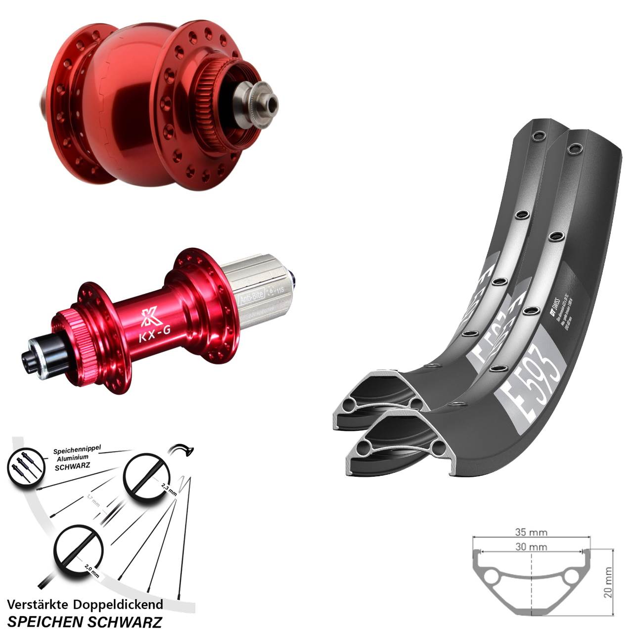 Disc Laufrad-Satz für Schnellspanner 29 Zoll DT Swiss E 593 KX-G rot SON 28 8-12 fach HG