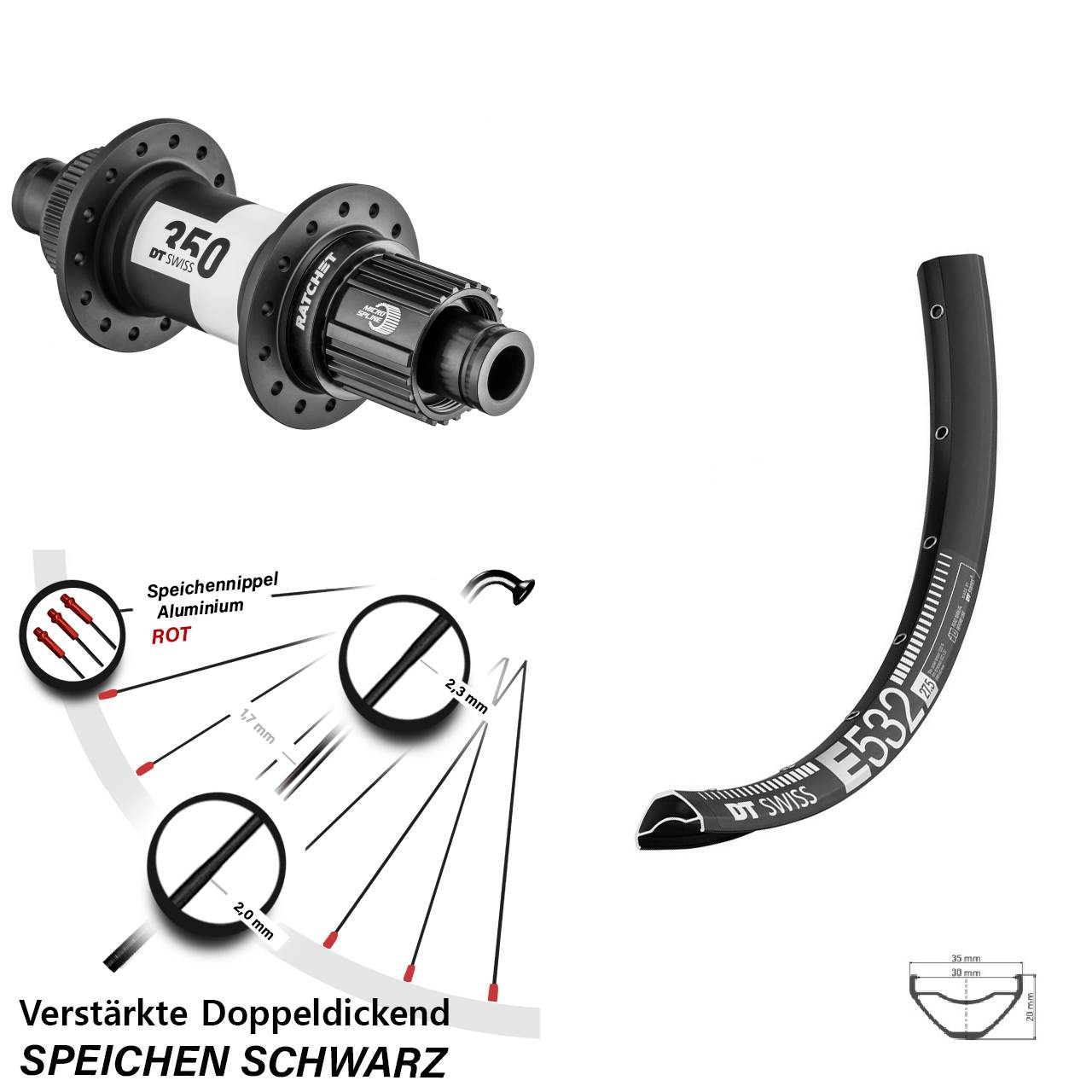 29 Zoll DT Swiss E532-350 Ratchet 36 Hinterrad 12x148 Boost Micro Spline