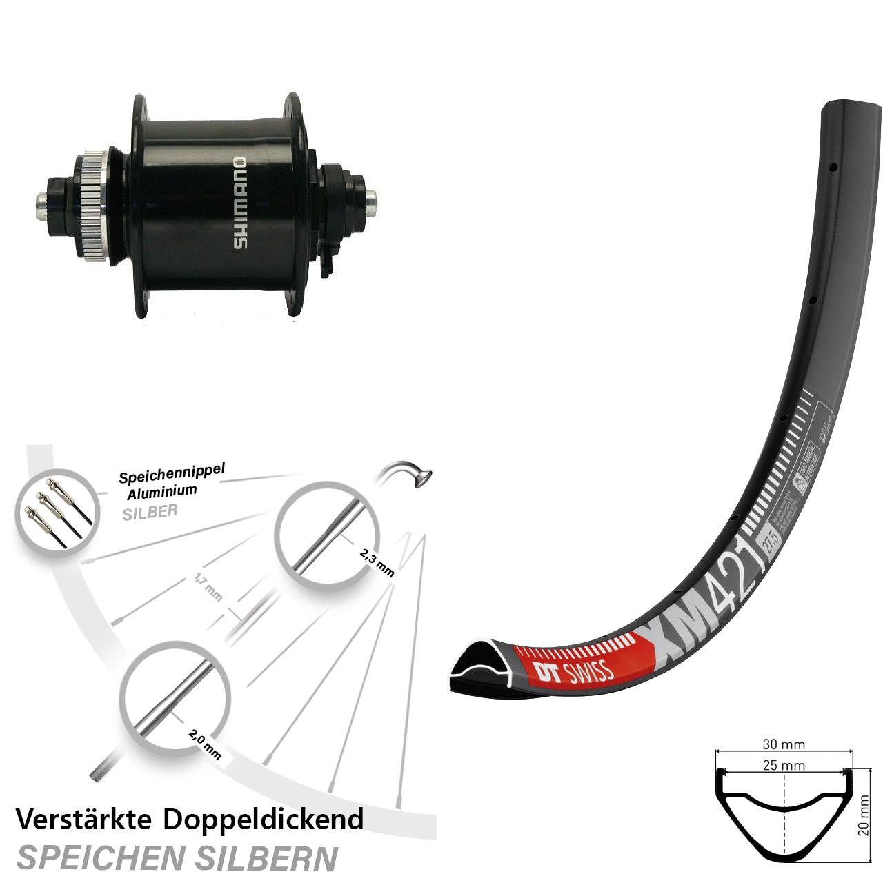 650B DT Swiss XM 421 Shimano DH-UR700 Disc Nabendynamolaufrad für Schnellspanner