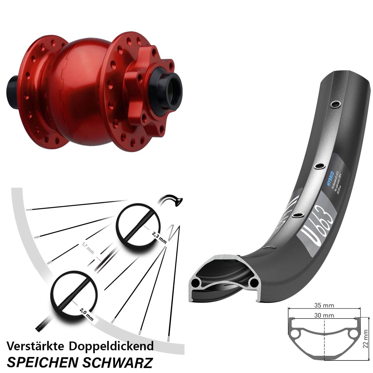 Disc Vorderrad mit Nabendynamo 27,5 Zoll DT Swiss U 663 SON 28 rot 15x110 Boost