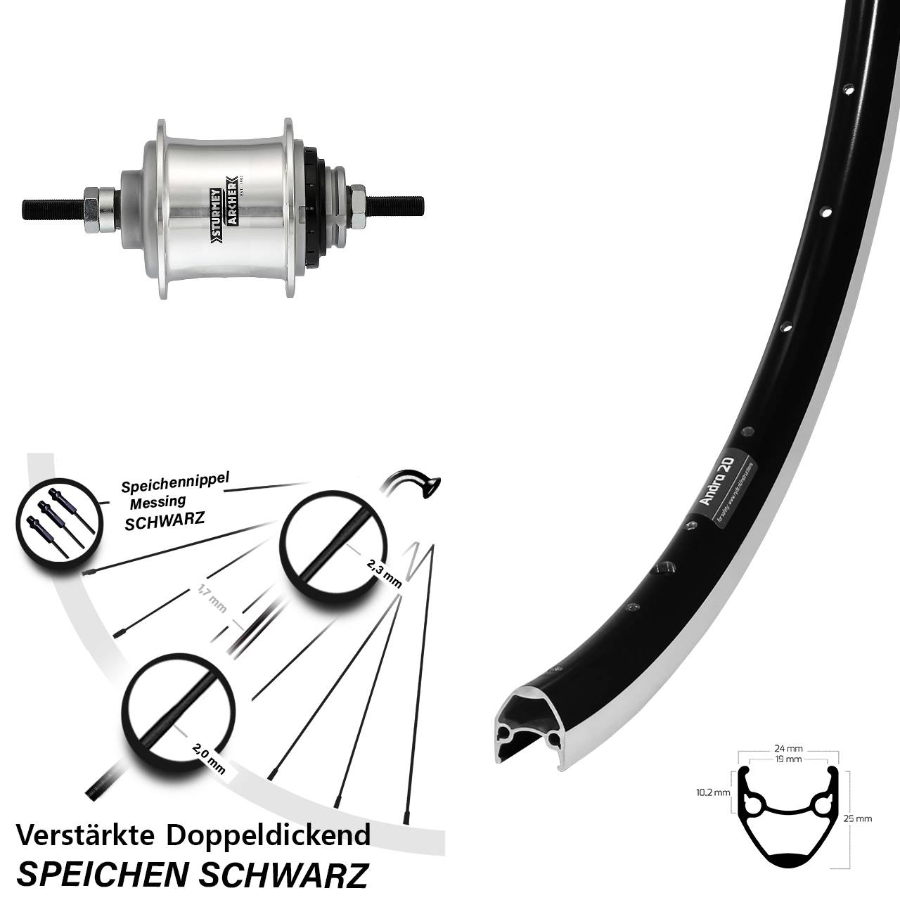 28 Zoll Hinterrad Sturmey Archer Automatic A2K Ryde Andra 20 schwarz