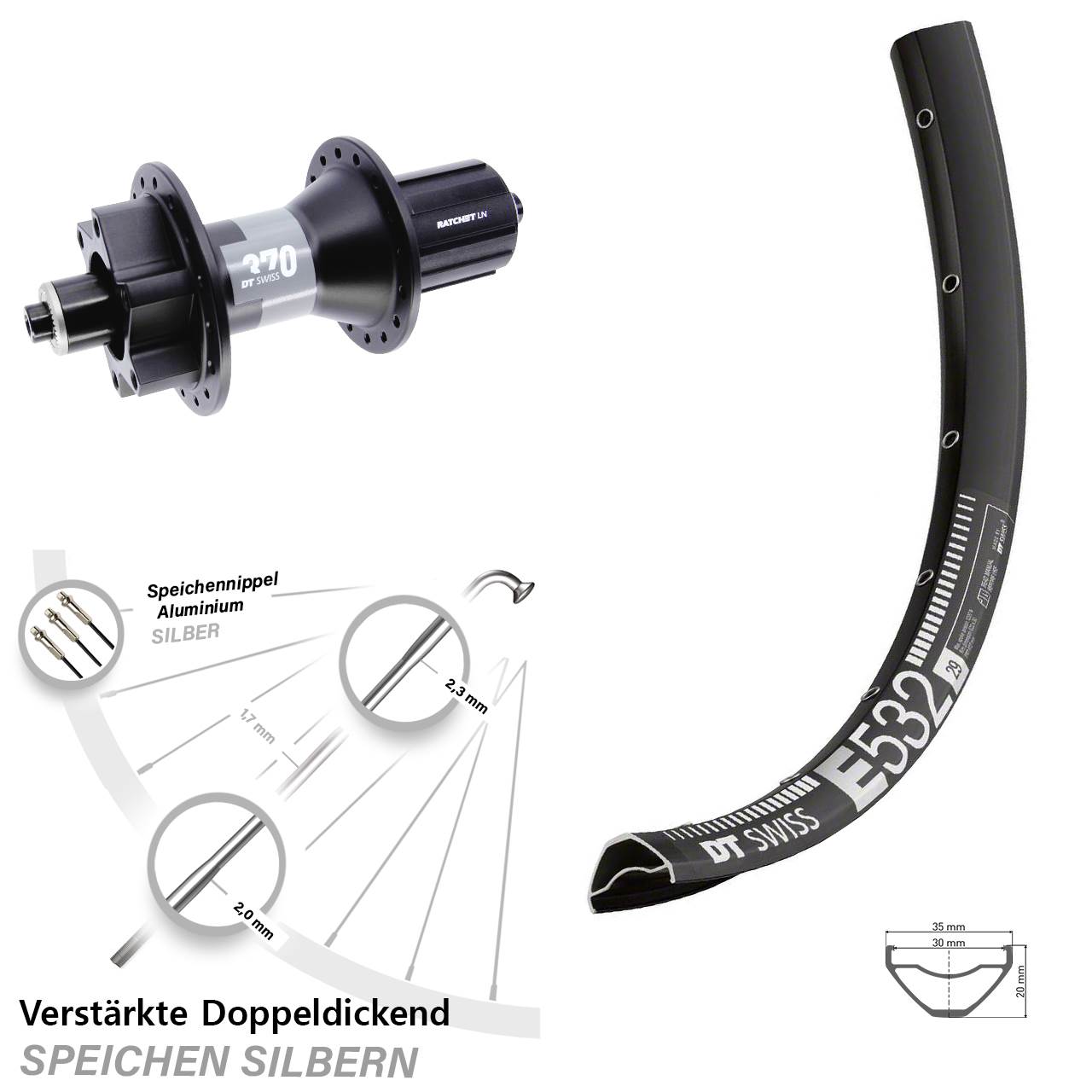 DT Swiss E532-370 29 Zoll Disc Laufrad für Schnellspanner 8-11 fach HG