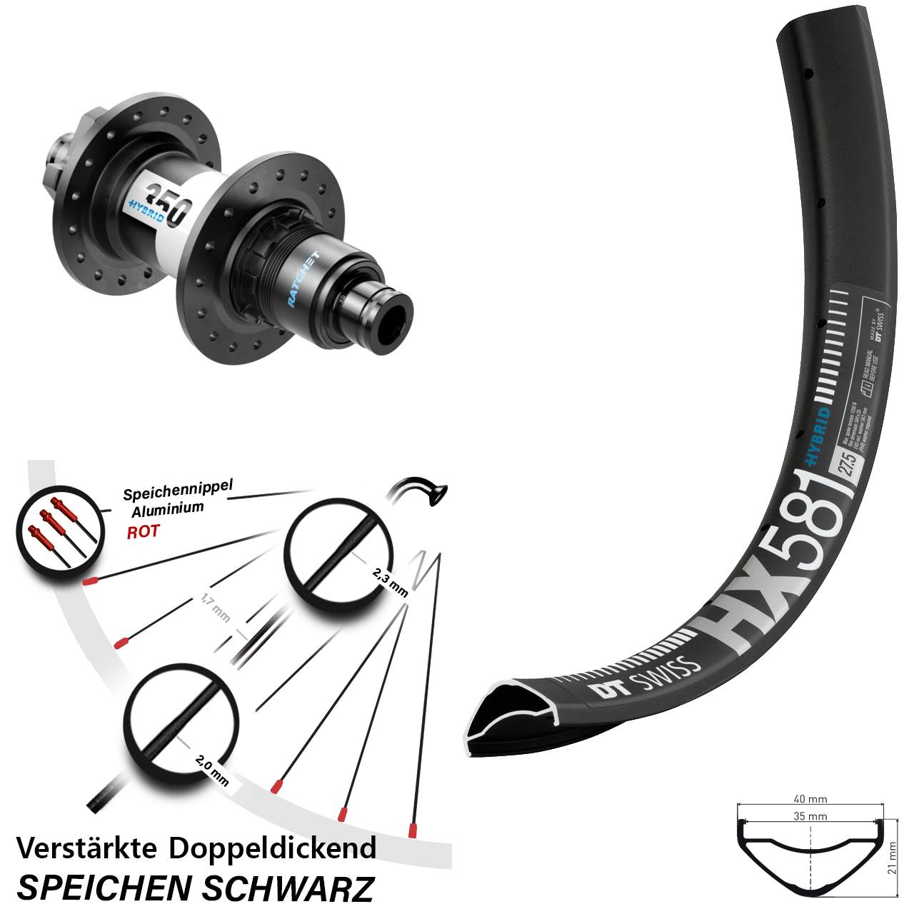 6-Loch Hinterrad 12x148 27,5 Zoll DT Swiss HX581-350 Hybrid XD
