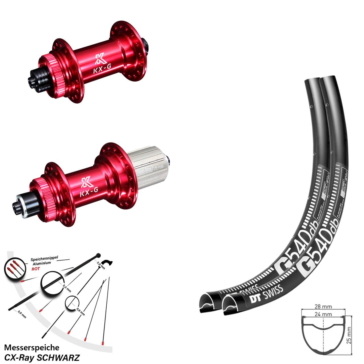 28 Zoll DT Swiss G540 KX-G rot Centerlock Laufradsatz QR 8-12 fach CX-Ray