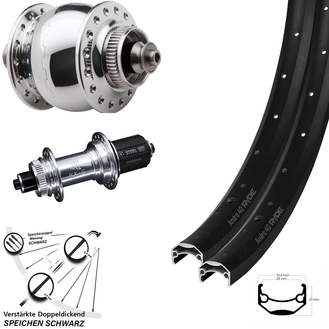 Laufradsatz Centerlock QR 20/26 Zoll Ryde Andra 40 Disc KX-GS Heavy Duty SON 28 8-12 fach