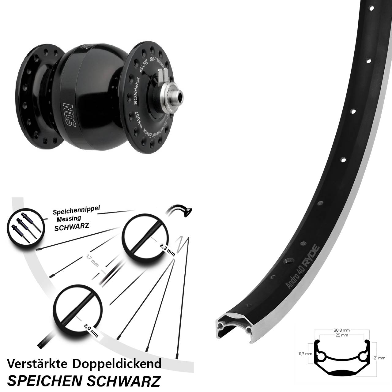 Nabendynamolaufrad 28 Zoll Ryde Andra 40 SON delux wide body QR
