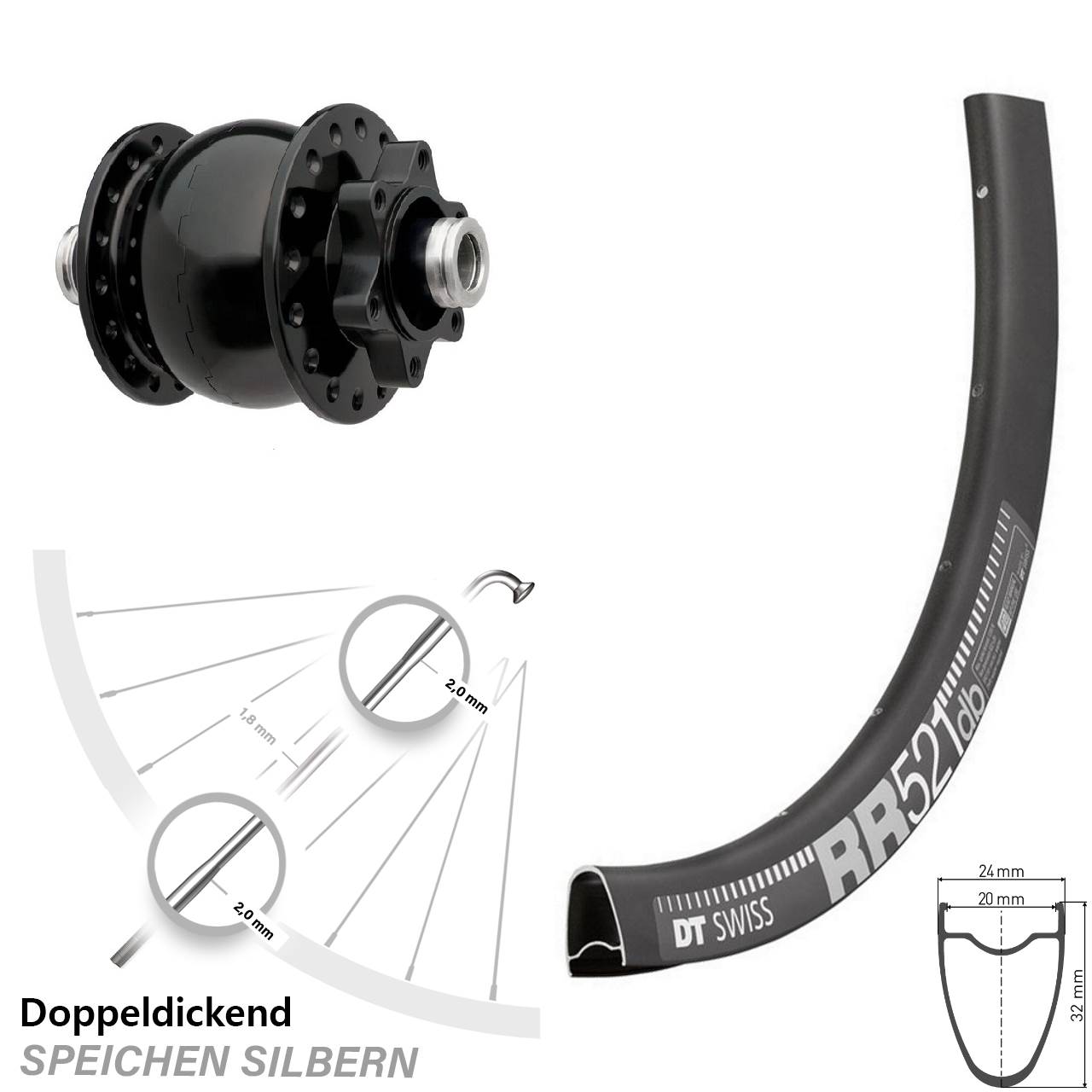 28 Zoll Vorderes Rad mit Nabendynamo DT Swiss RR 521 DB SON 28-12 Steckachse schwarz