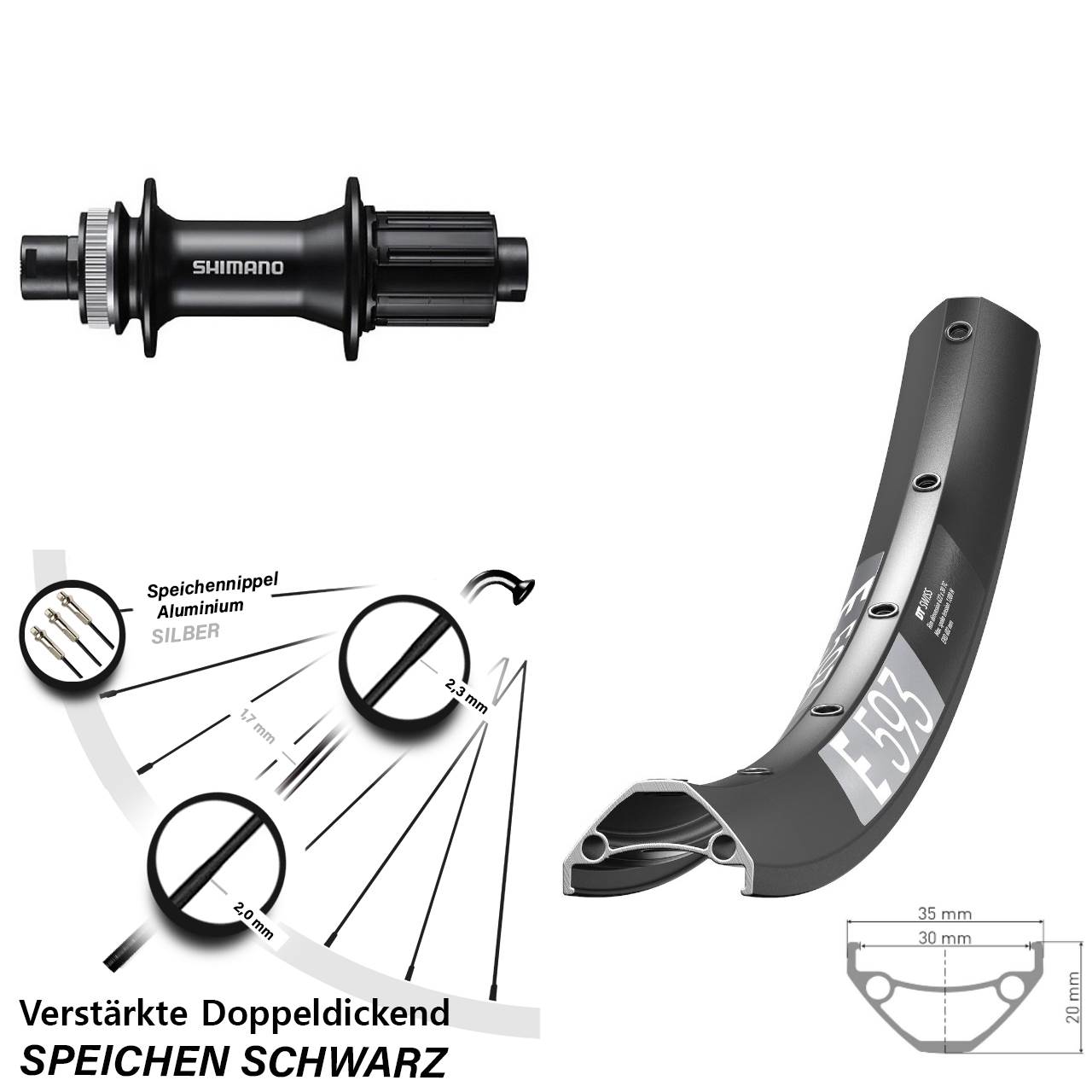 DT Swiss E593 Shimano FH-MT400 29 Zoll Disc Laufrad 12x142 8-11 fach HG