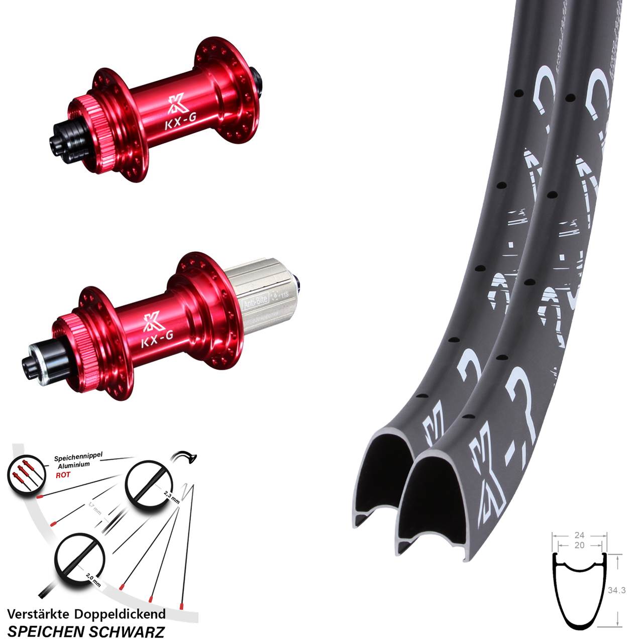 Laufradsatz Centerlock 28-29 Zoll KX-GR Road rot 8-12 fach für Schnellspanner
