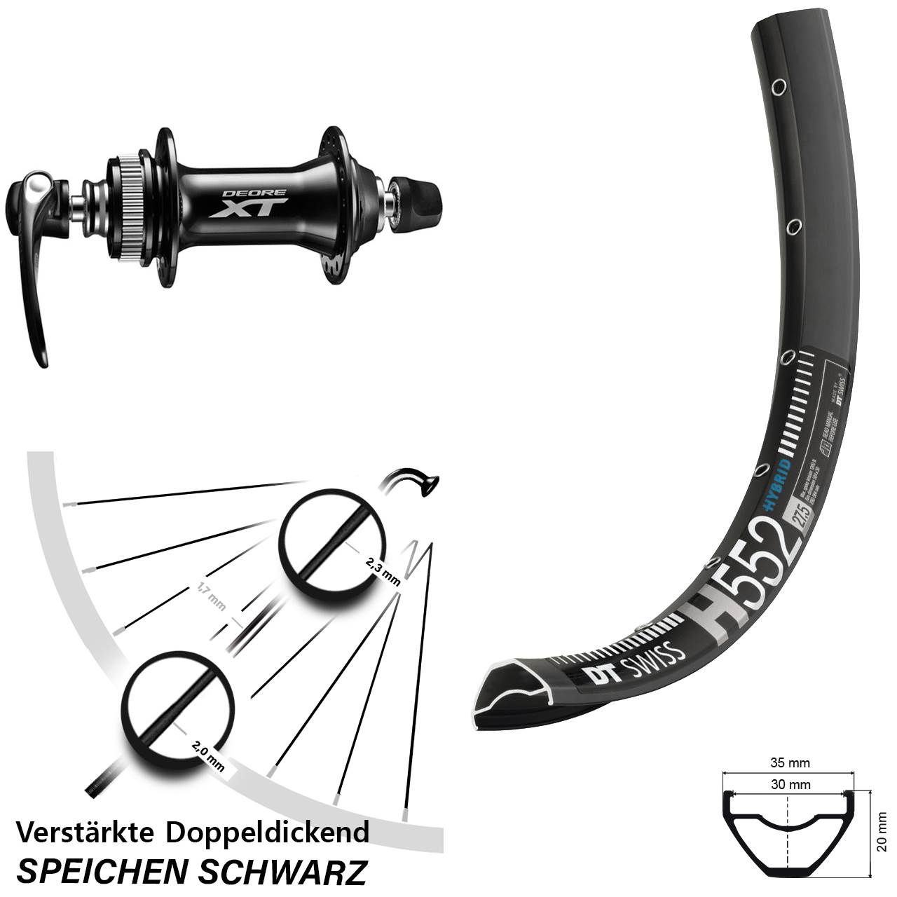 DT Swiss H552 Vorderrad 27,5 Zoll Shimano XT 8000 Centerlock 5x100