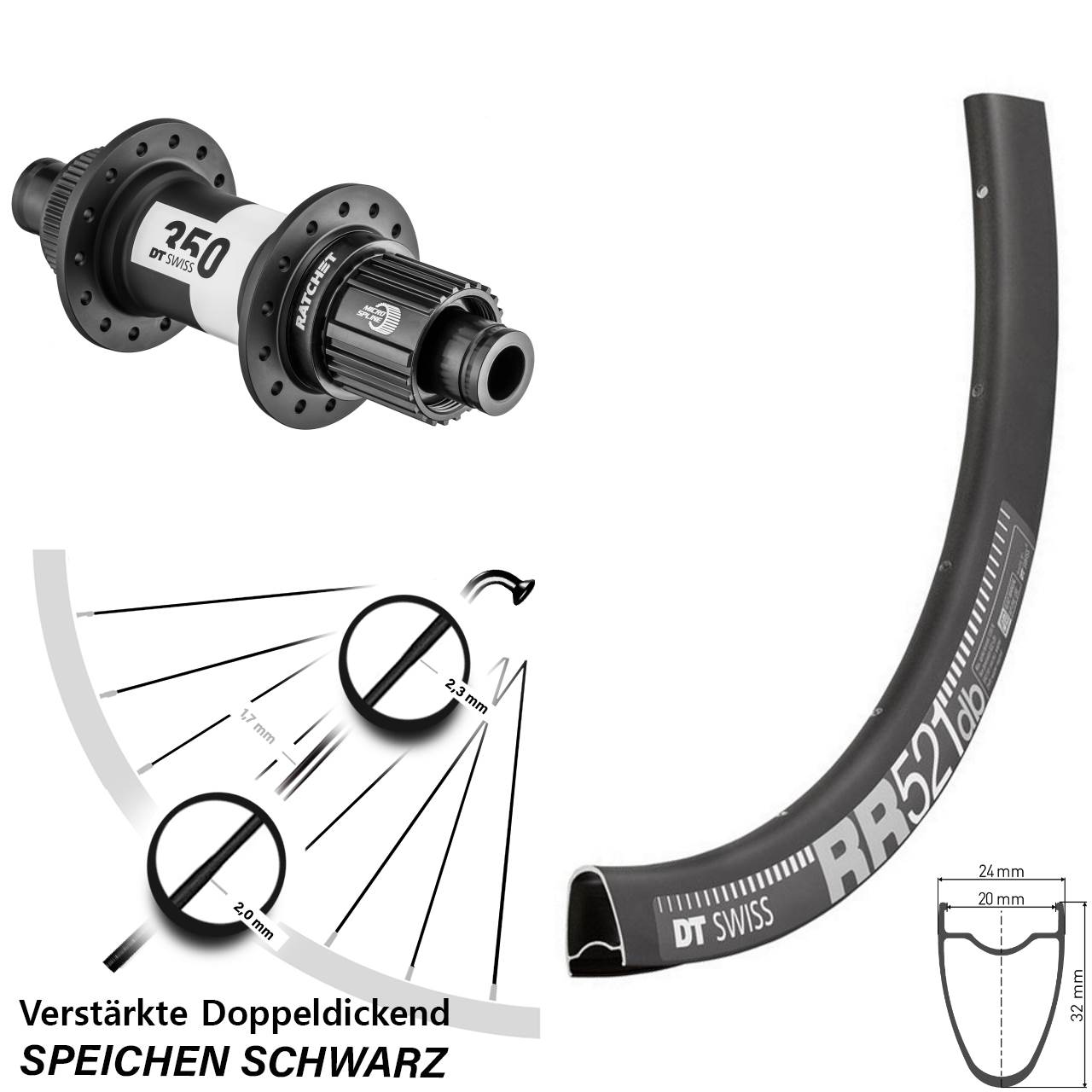 Hinterrad 12x142 28 Zoll DT Swiss RR521-350 Ratchet 36 Micro Spline