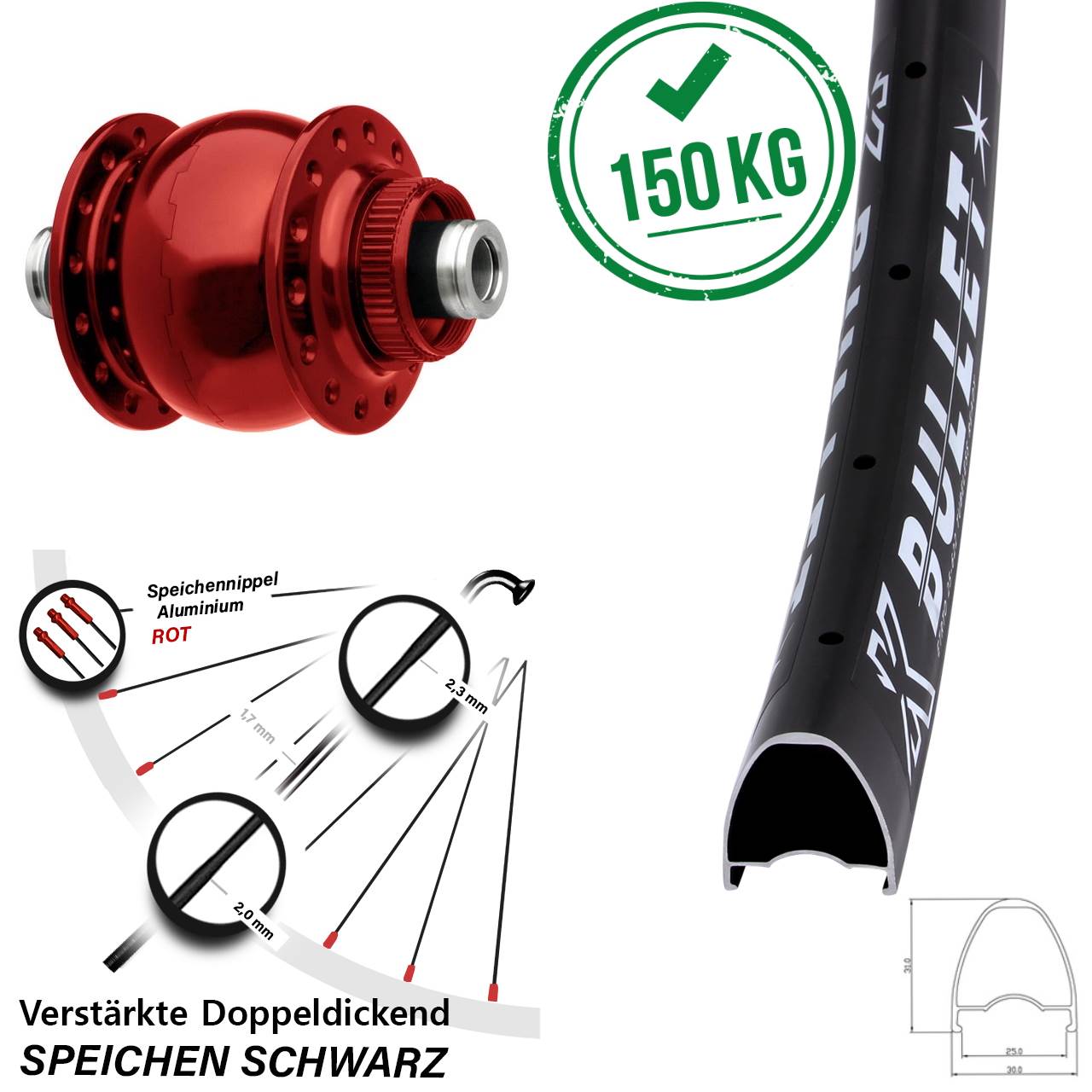 SON 28 rot KX Bullet 28-29 Zoll Disc Vorderrad mit Nabendynamo 12x100