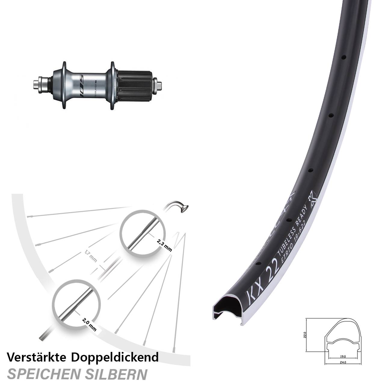 Hinterrad 28 Zoll KX 22 OS Shimano FH-R7000 8-12 fach HG QR