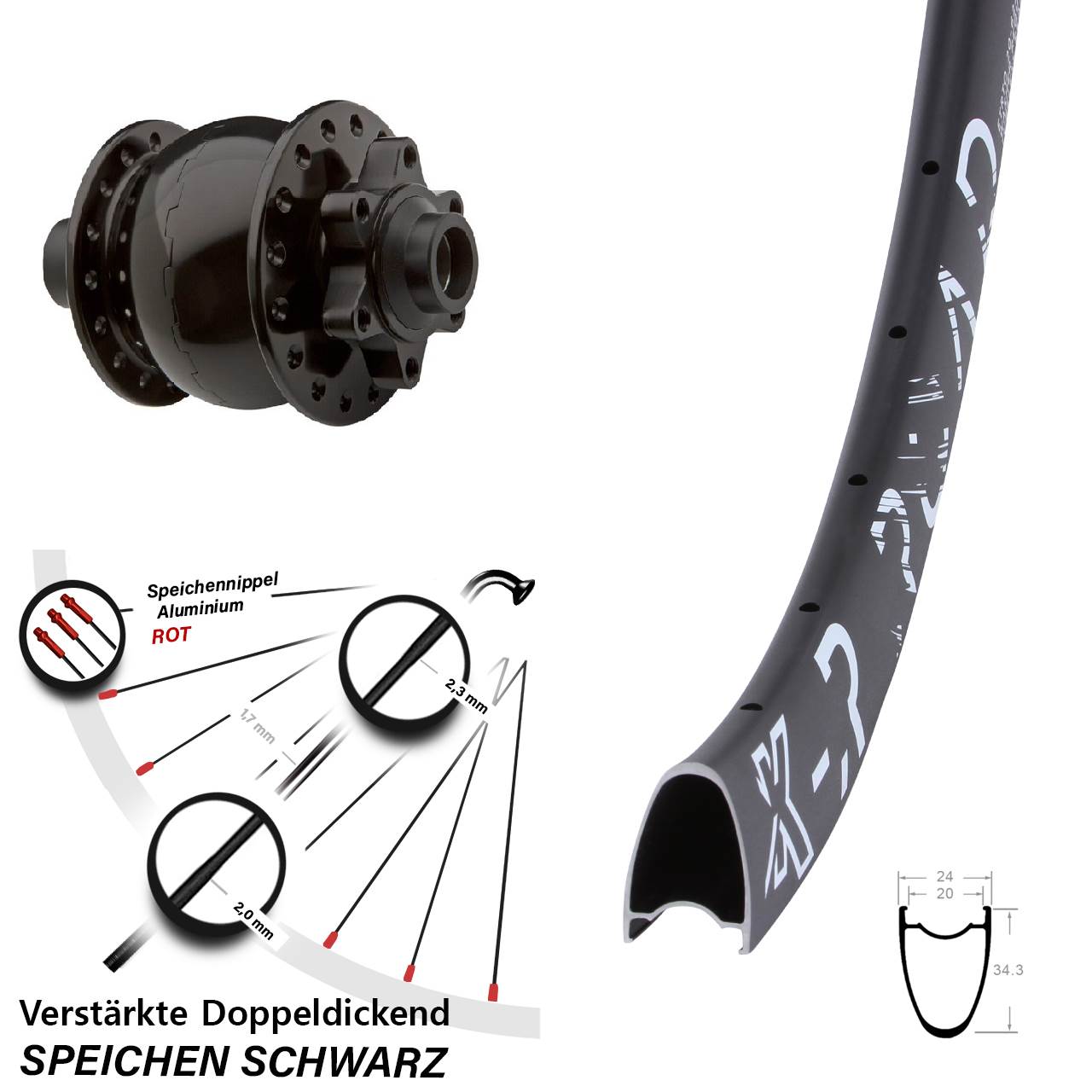 Nabendynamovorderrad 6-Loch 15x100 KX-R Road SON 28 Zoll schwarz