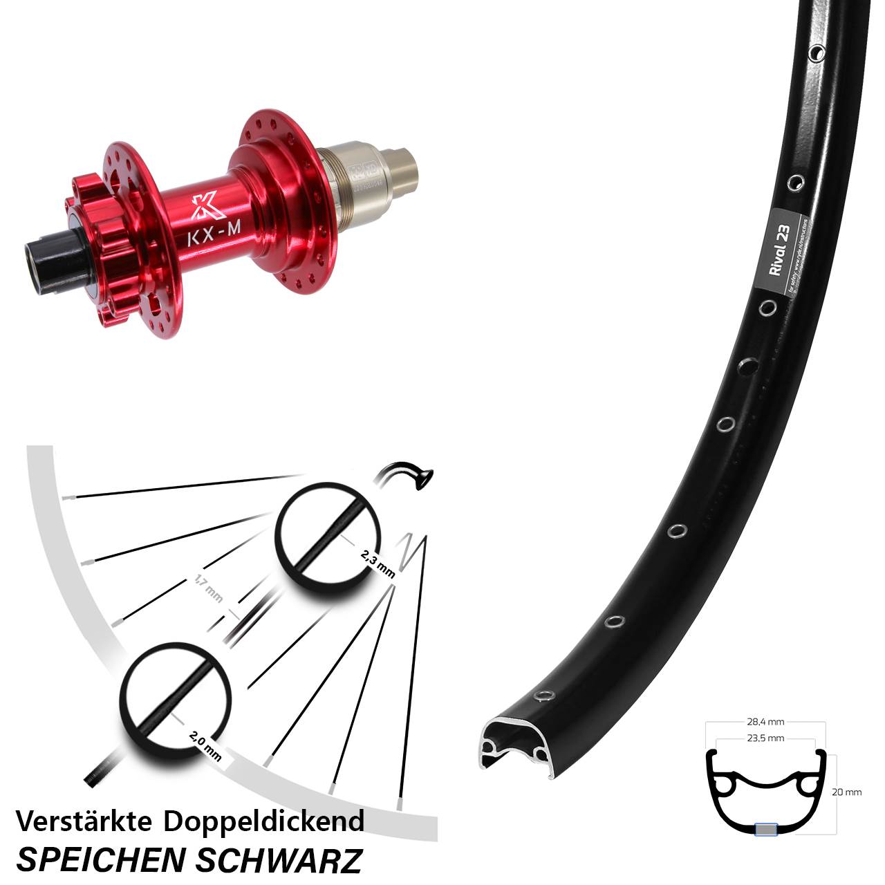 650B Ryde Rival 23 KX-M rot Disc Laufrad 12x142 SRAM XD