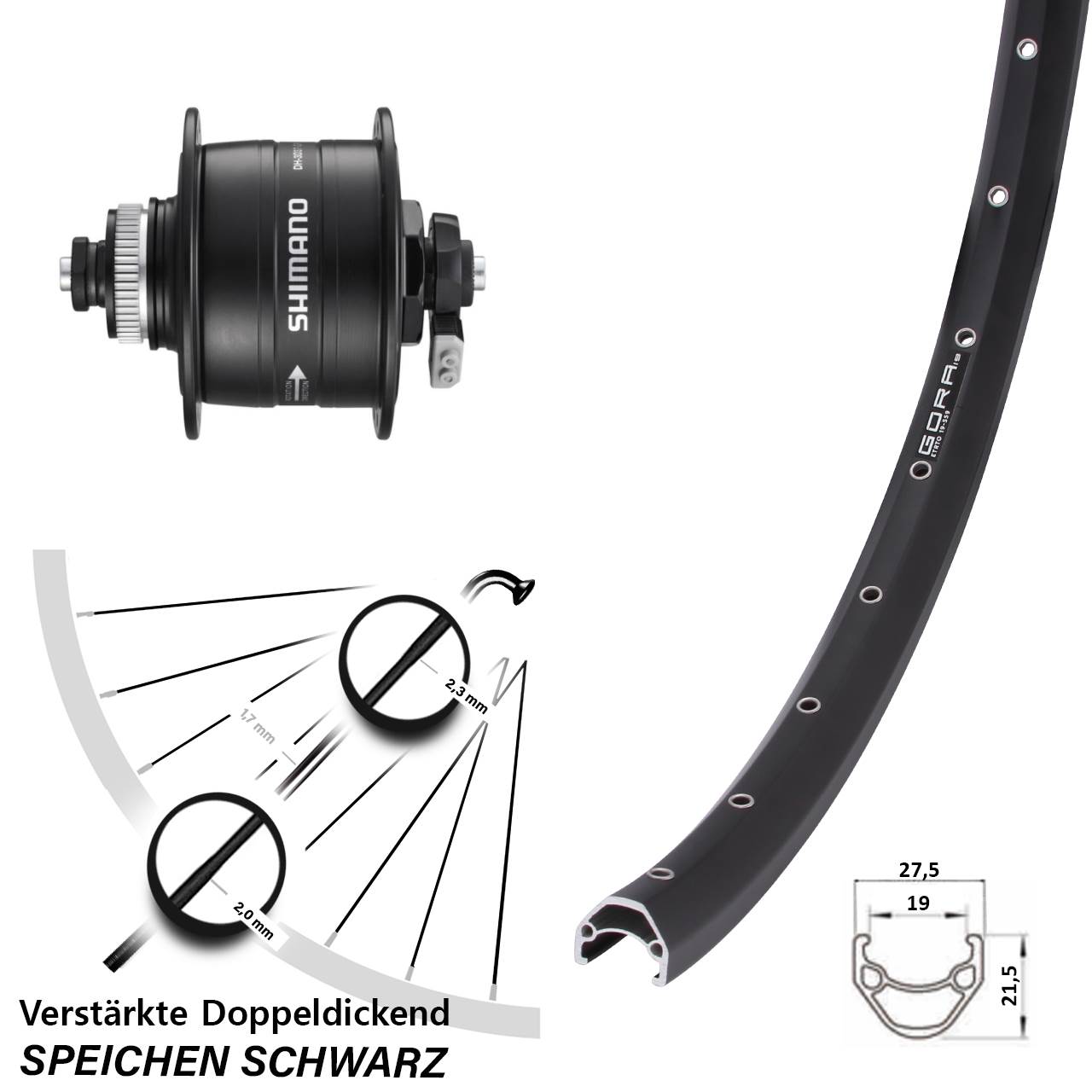 Nabendynamo-Vorderrad Centerlock 27,5 Zoll Gora 19 Shimano DH-3D37-QR QR