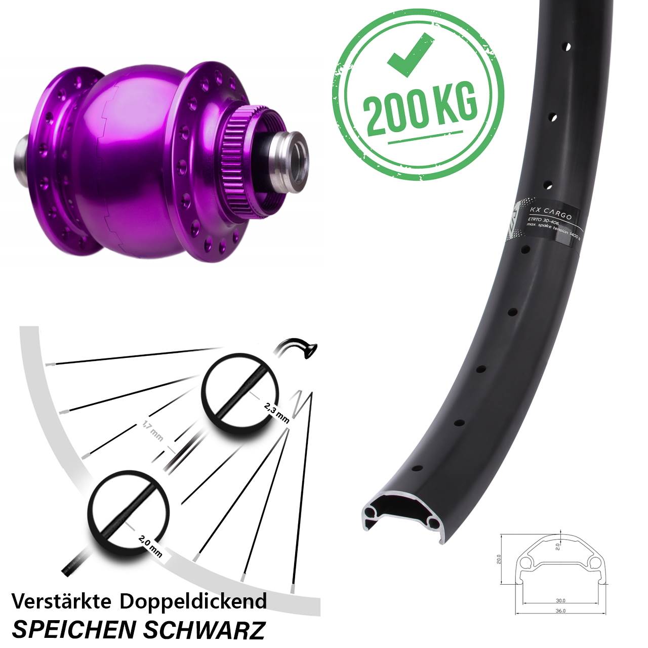 Centerlock Vorderrad mit Dynamo 26 Zoll KX Cargo SON 28 violett 12x100