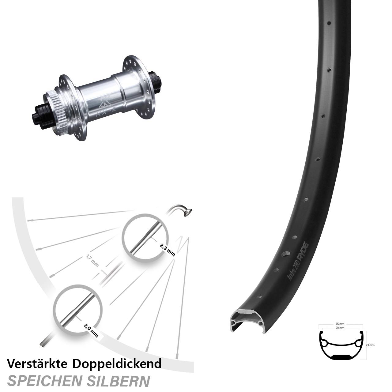 Ryde Andra 29-622 ETRTO E-Bike Vorderrad KX-E Nabe silbern-eloxiert 5x100 mm Centerlock